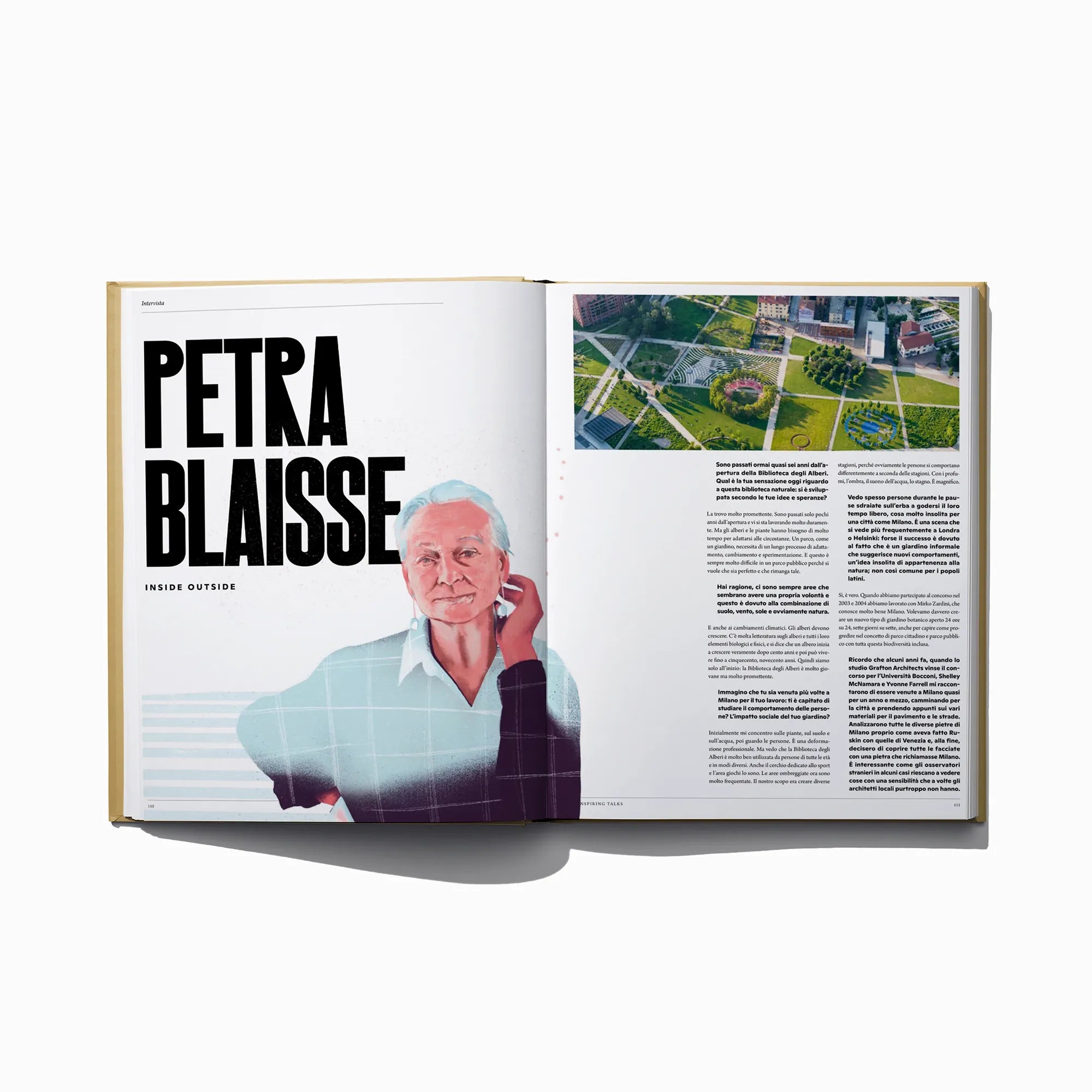 Open Italian edition city inspiration book with author portrait, title text, and garden aerial photo