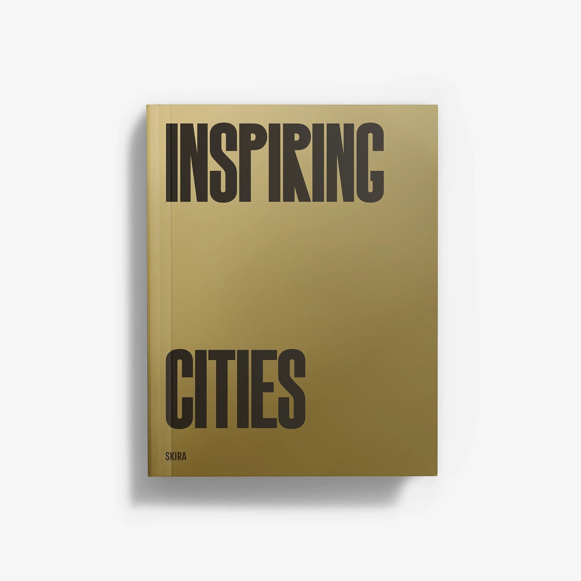 Inspiring Cities Italian edition book cover with bold black typography on olive background