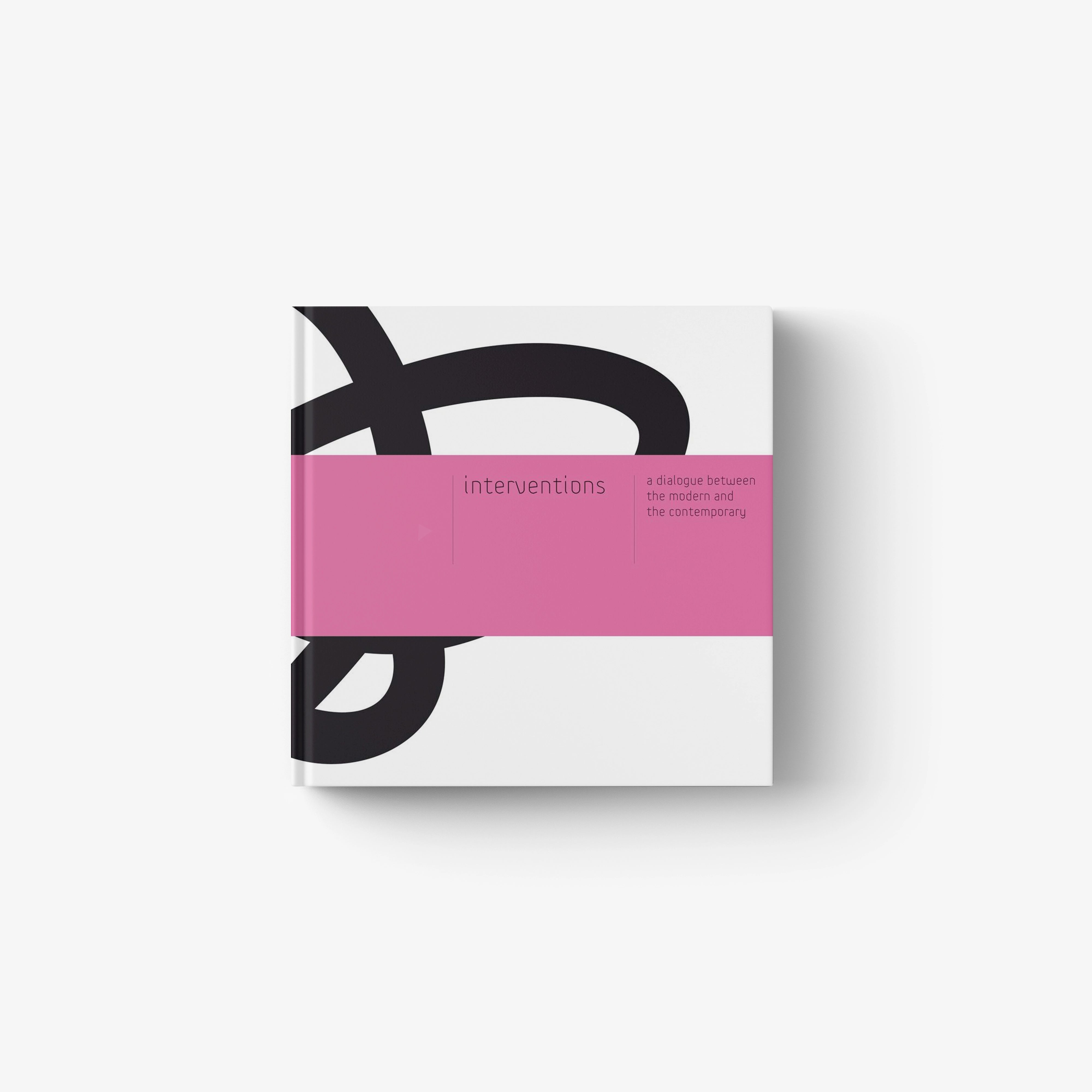 Hardcover book cover with pink band and abstract black graphic; title starts “Interventions”.
