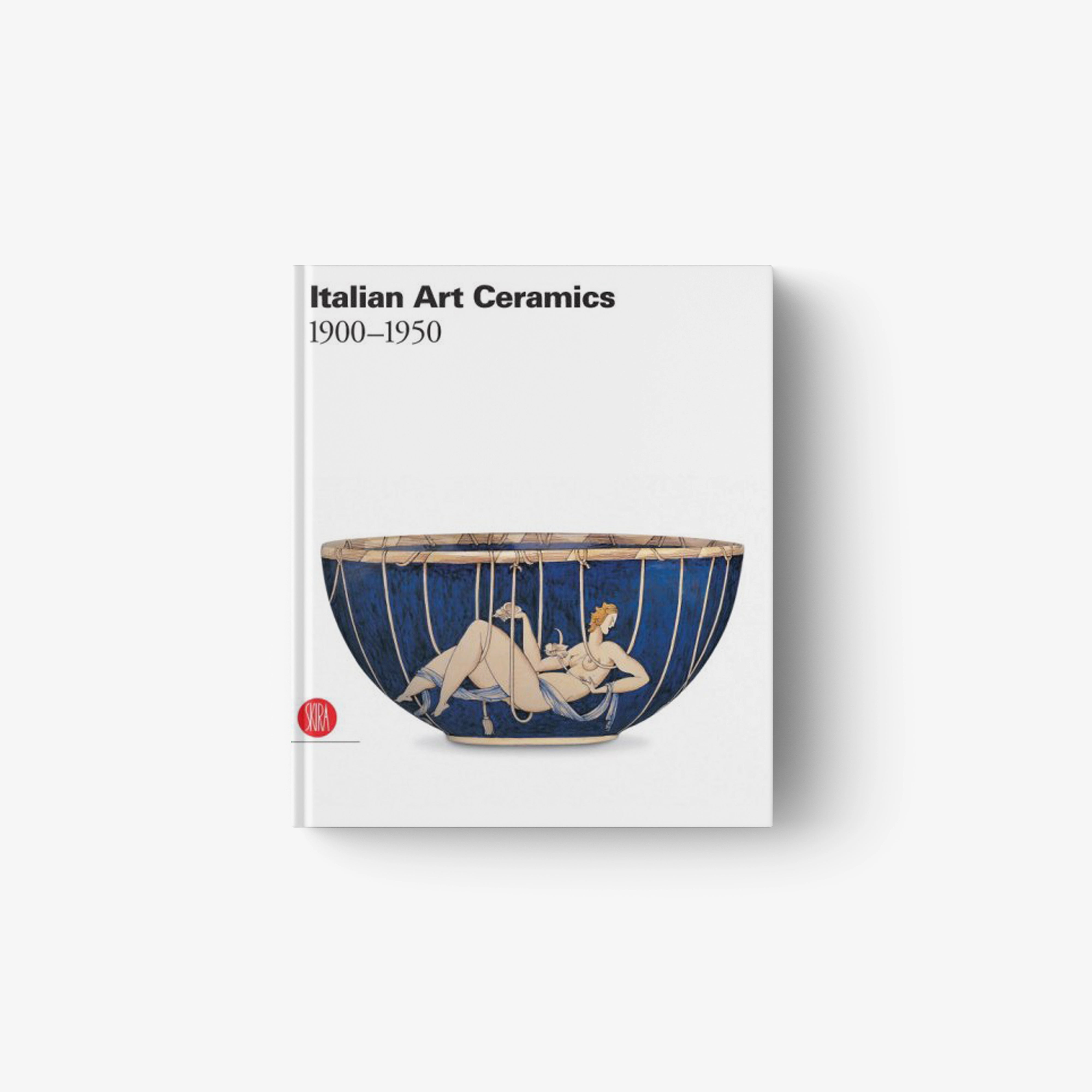 Italian art ceramics book cover with blue bowl illustration and gold decorative figures