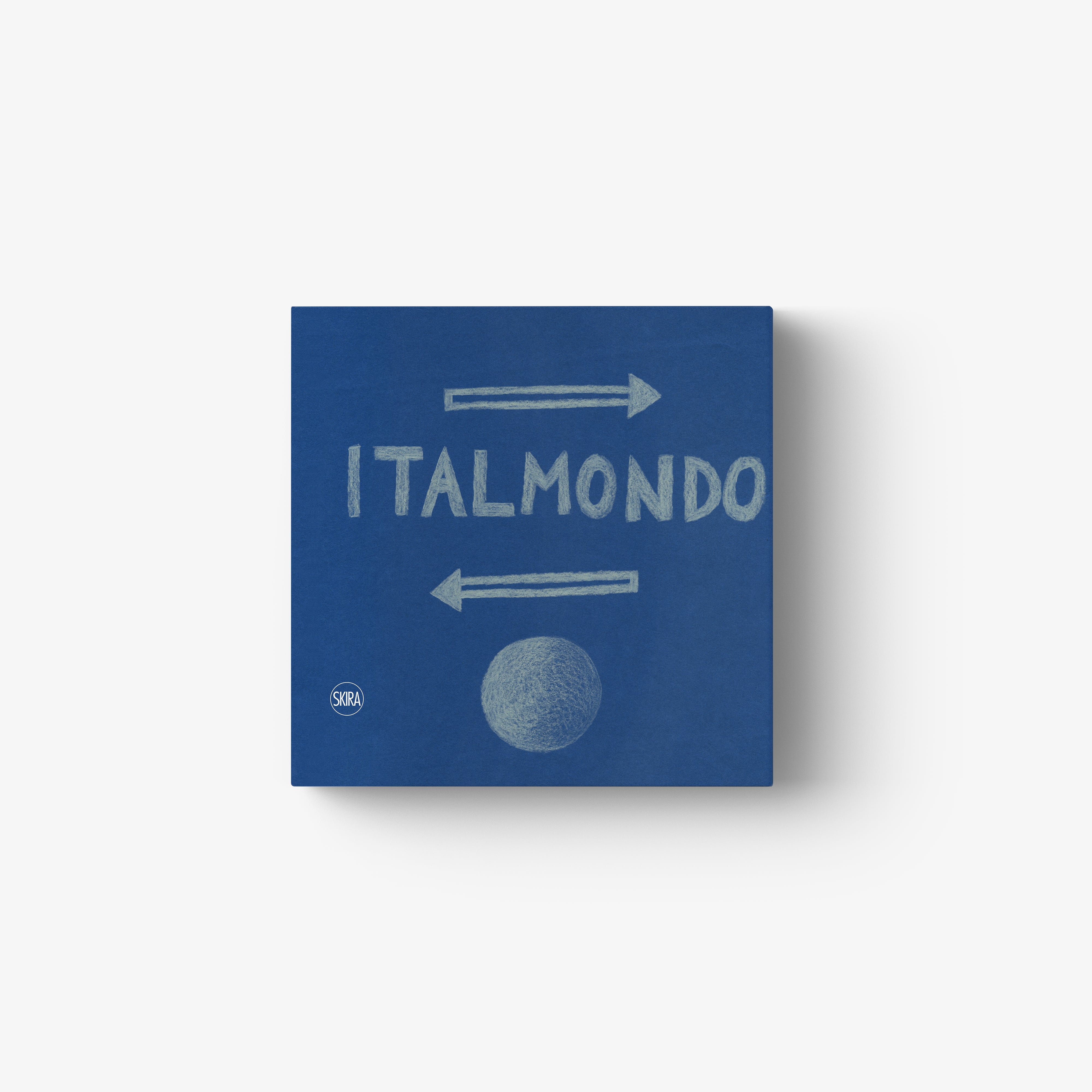 Blue book cover with ITALMONDO text, arrows, and a globe graphic