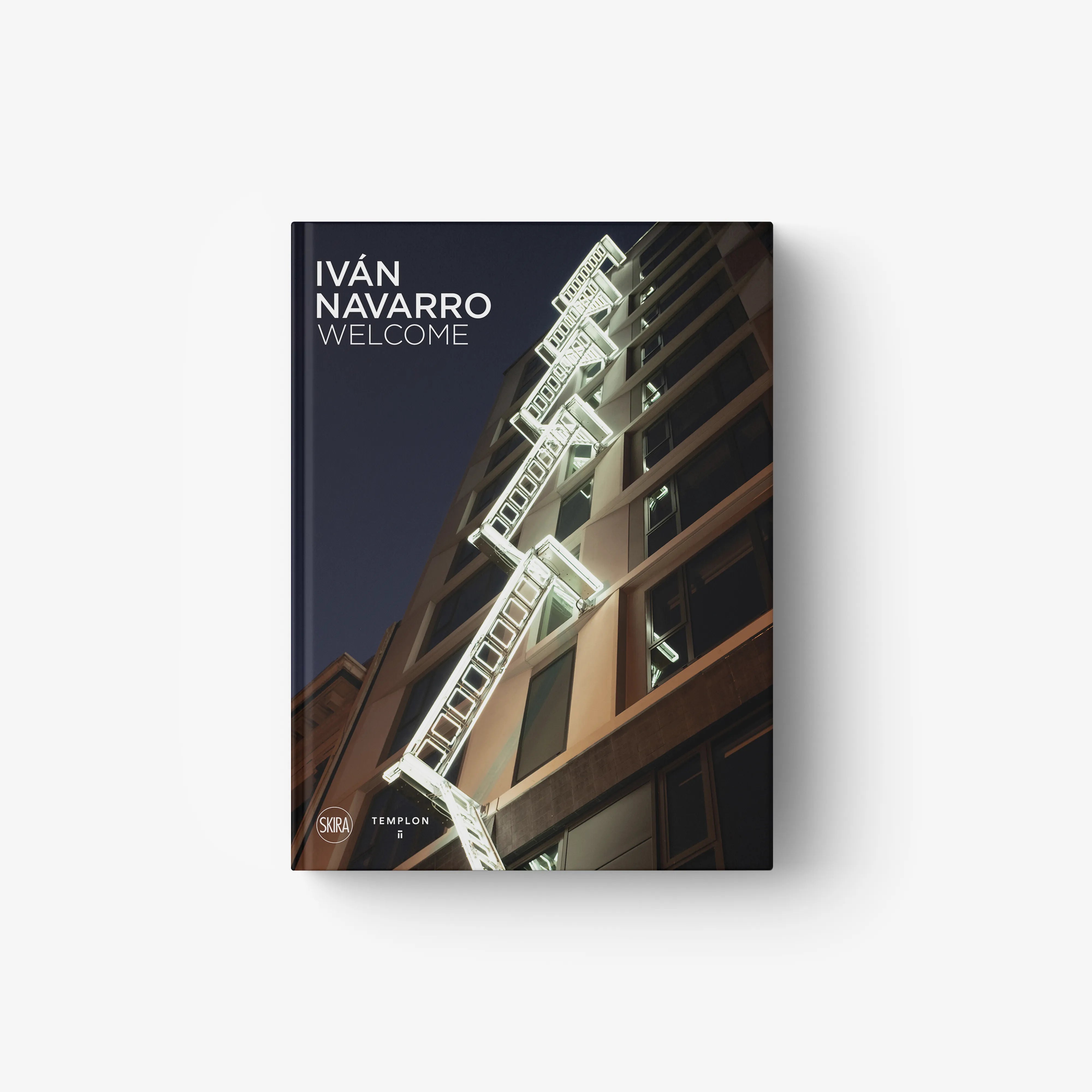 Contemporary art monograph book in dark navy with building illustration, Skira Arte, IVÁN NAVARRO WELCOME