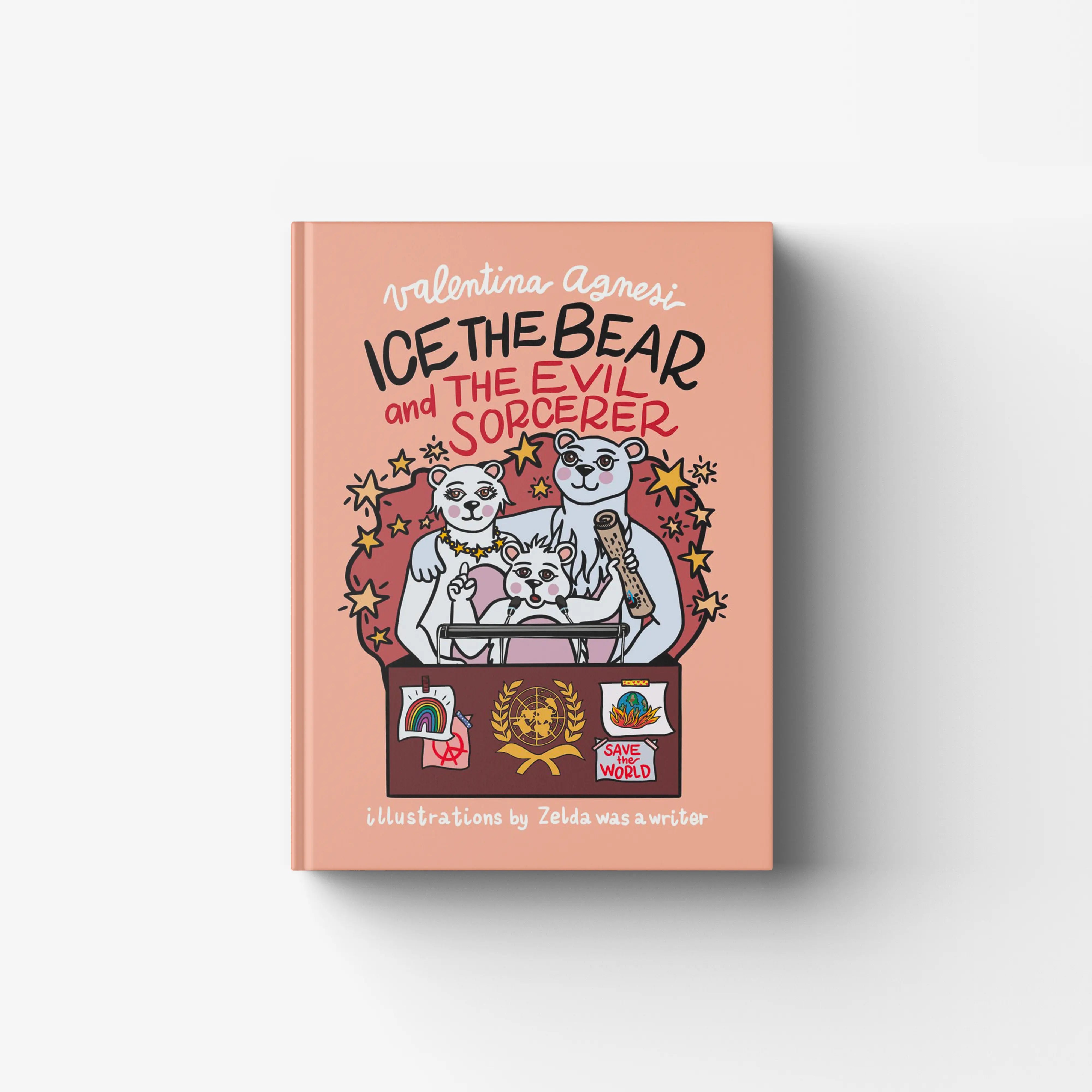Children's book cover with illustrated white bear and wizard on pink background and playful typography.