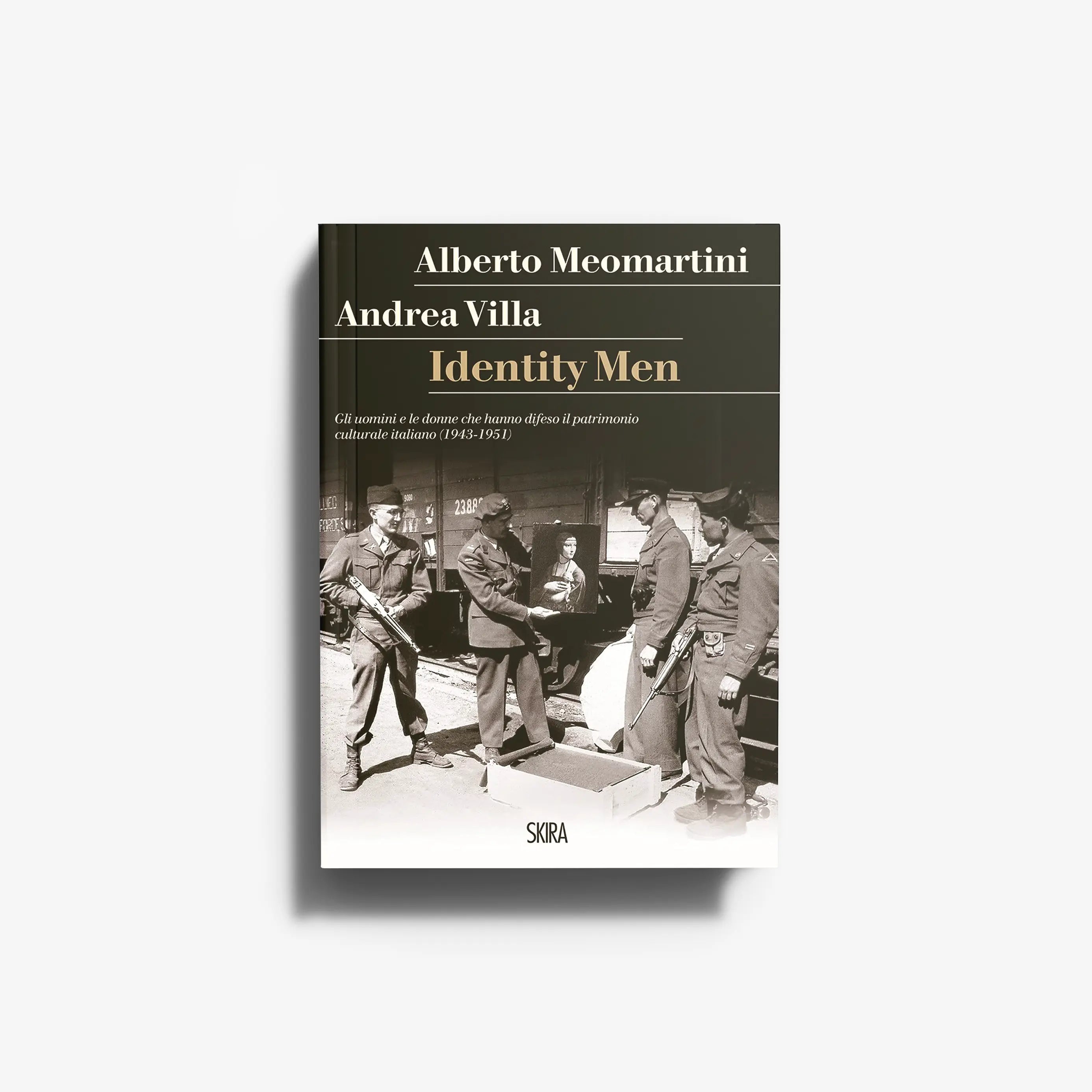 Hardback book in dark green with white and gold title, Skira Arte, Identity Men, second world war and post-war