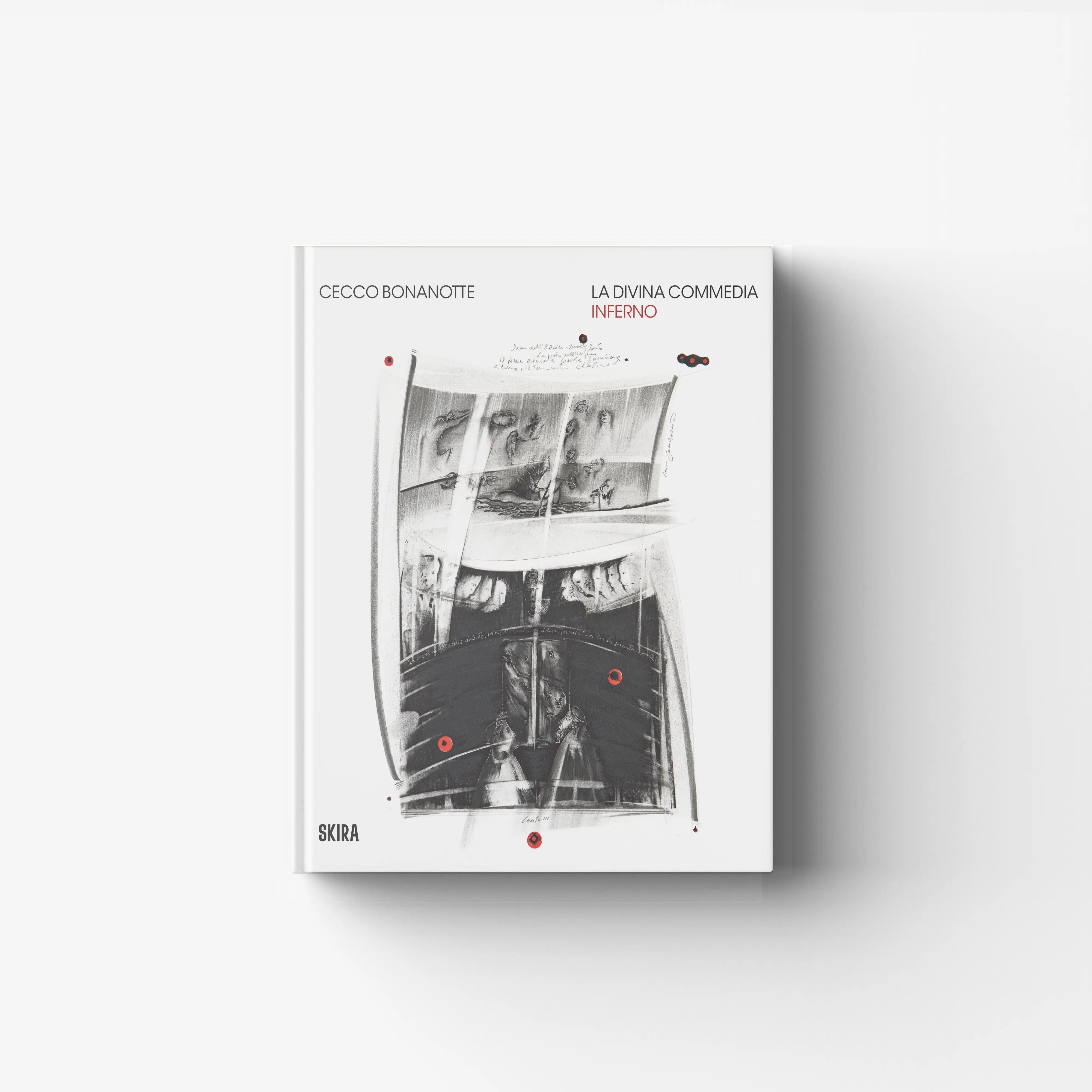 Art book by Skira Arte, monochrome cover with red accents, Cecco Bonanotte La Divina Commedia Inferno, vertical composition