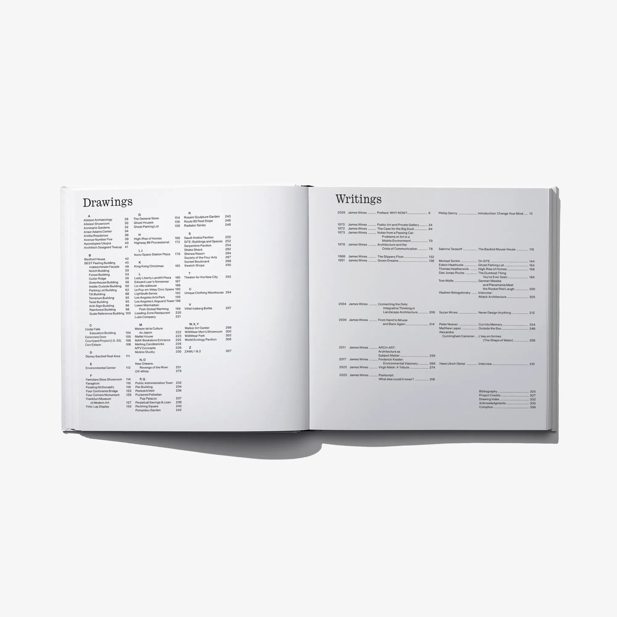 Open book spread showing 'Drawings' and 'Writings' lists on white pages