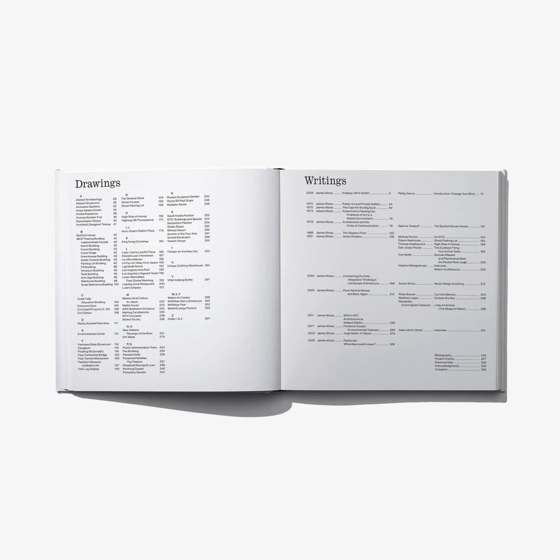Open book spread showing 'Drawings' and 'Writings' lists on white pages