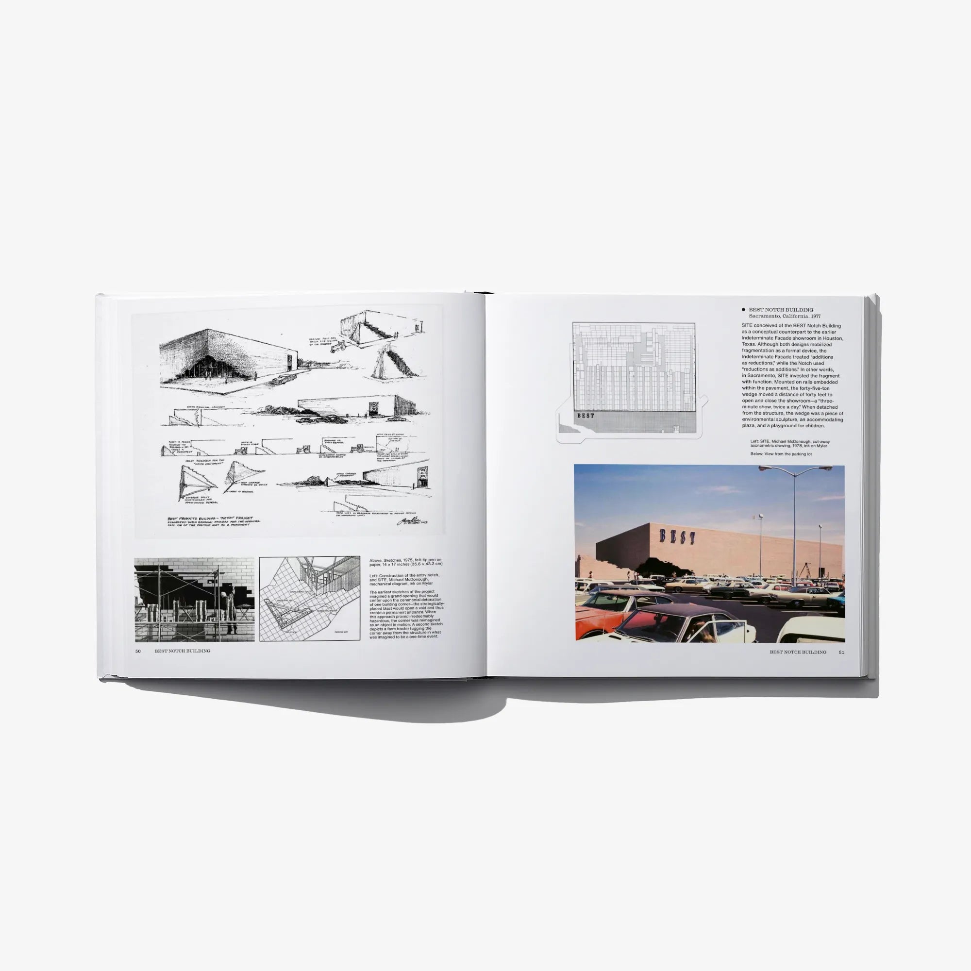 Open book spread with architectural sketches, diagrams, and a color site photo