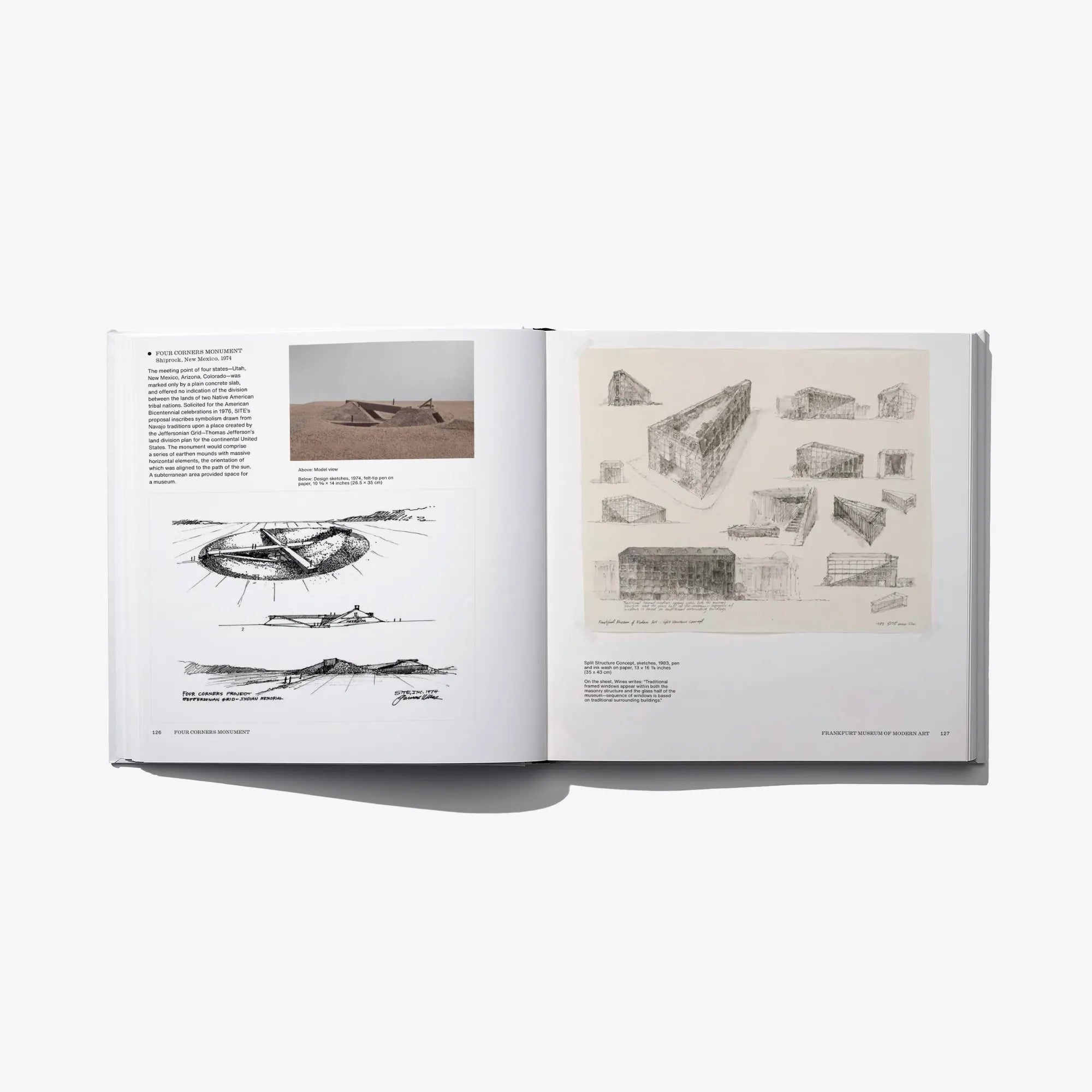 Open book spread with pencil renderings of buildings and labeled architectural diagrams