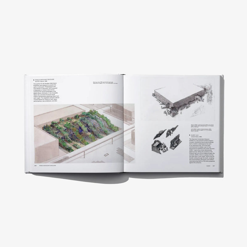 Open book spread with a landscape garden plan and detailed architectural sketch views