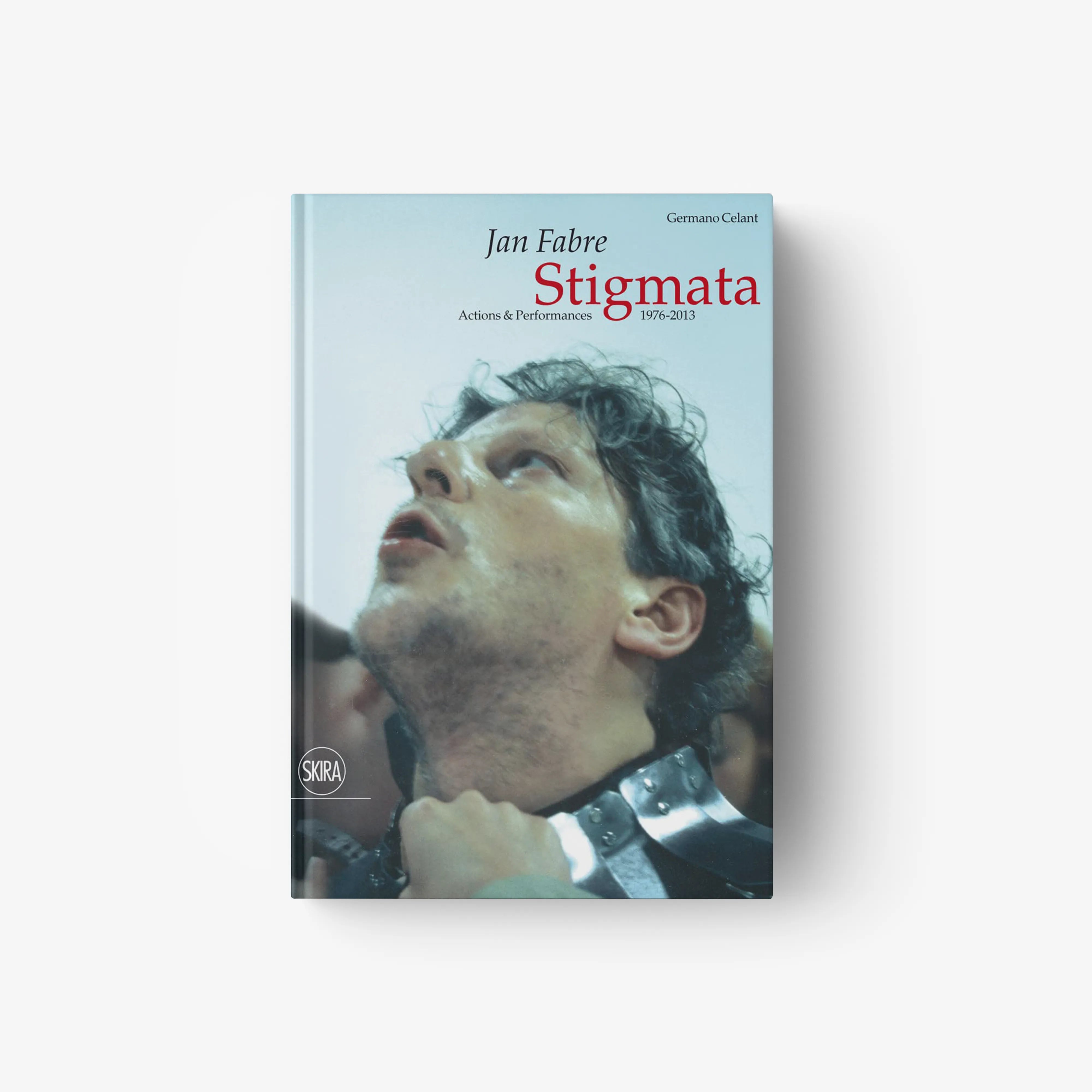 Stigmata art book cover with Jan Fabre, blue top and portrait face illustration