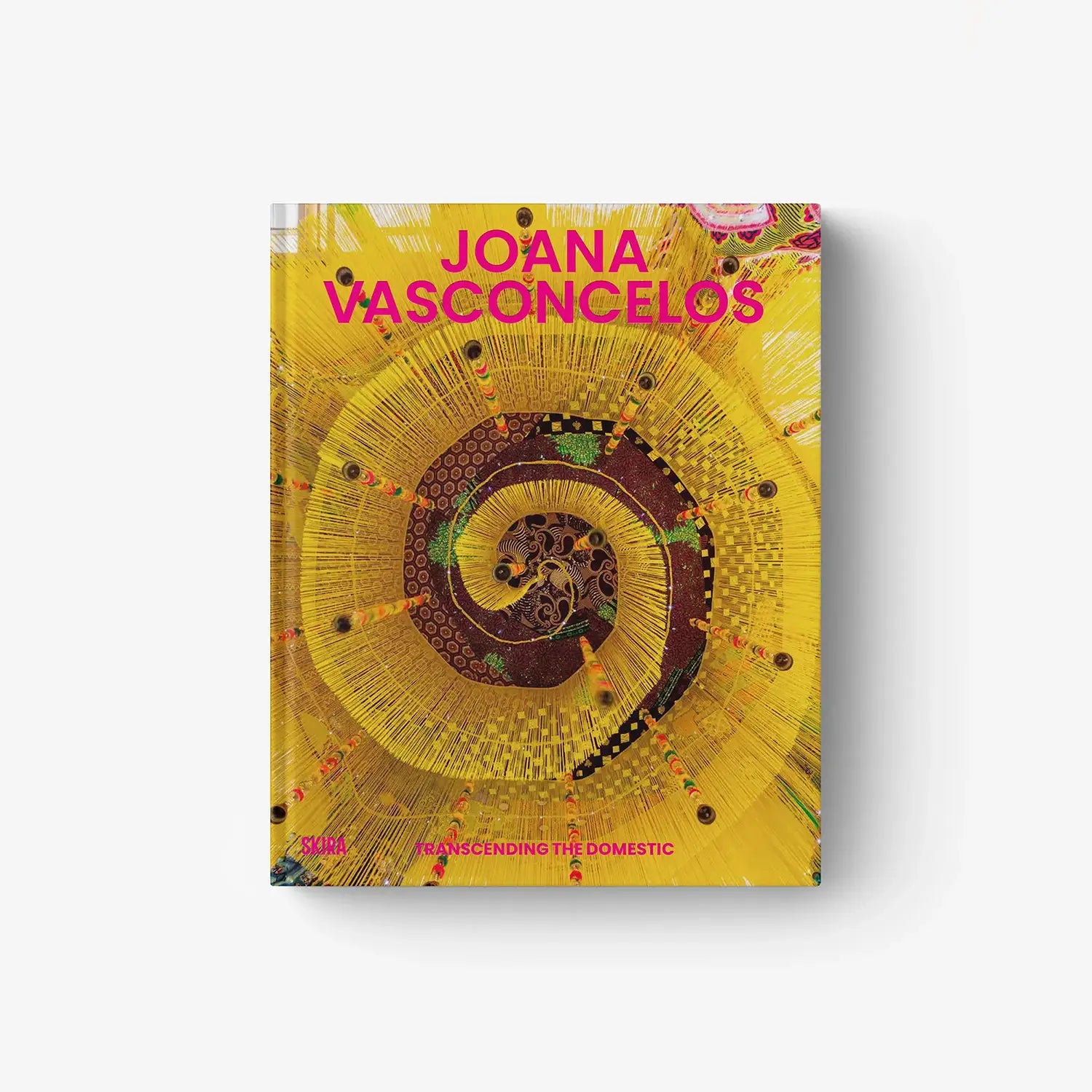 Art book cover with yellow illustrated swirl and pink title text, hardcover.