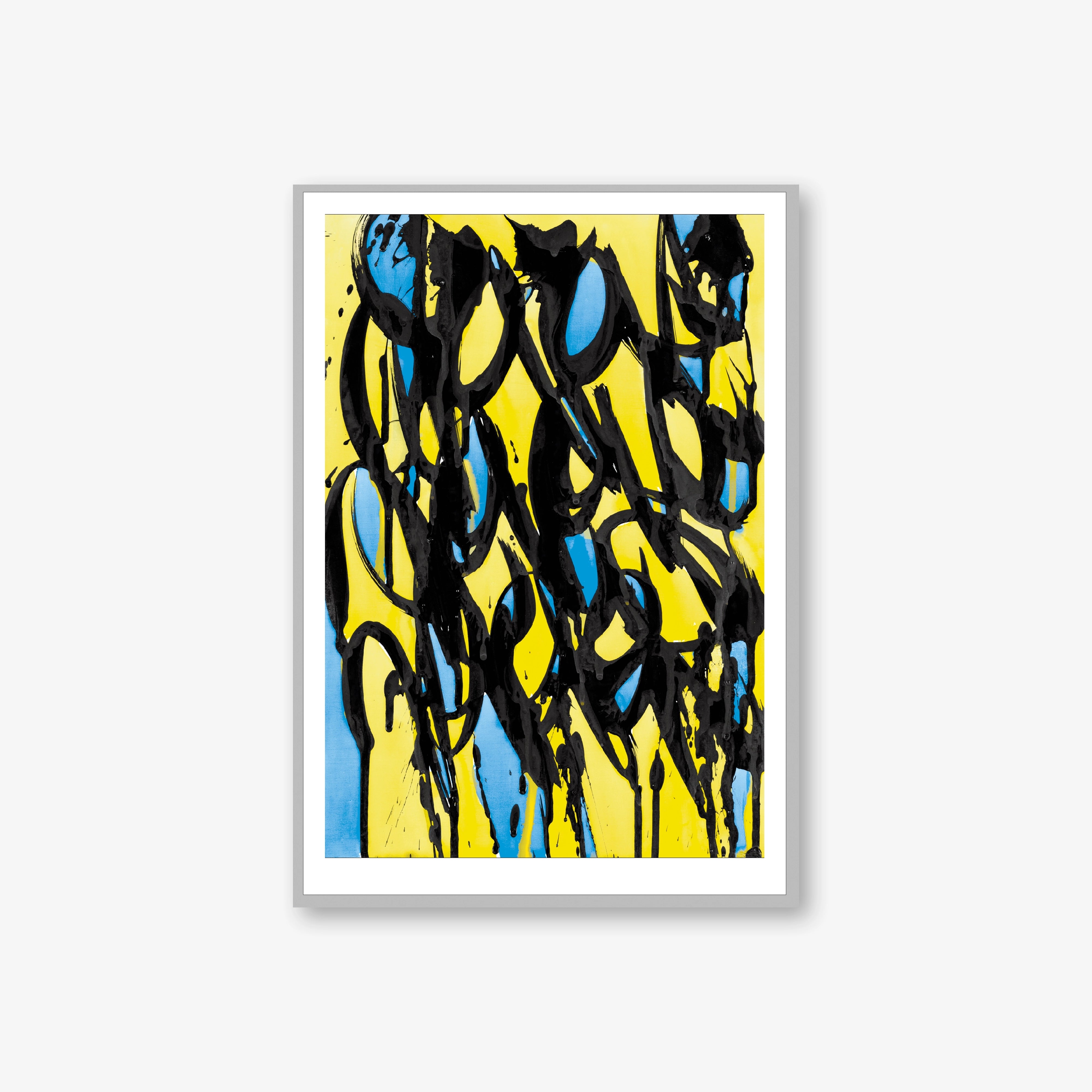 Abstract lithograph with bold black brushstrokes over blue and yellow background, framed in white.