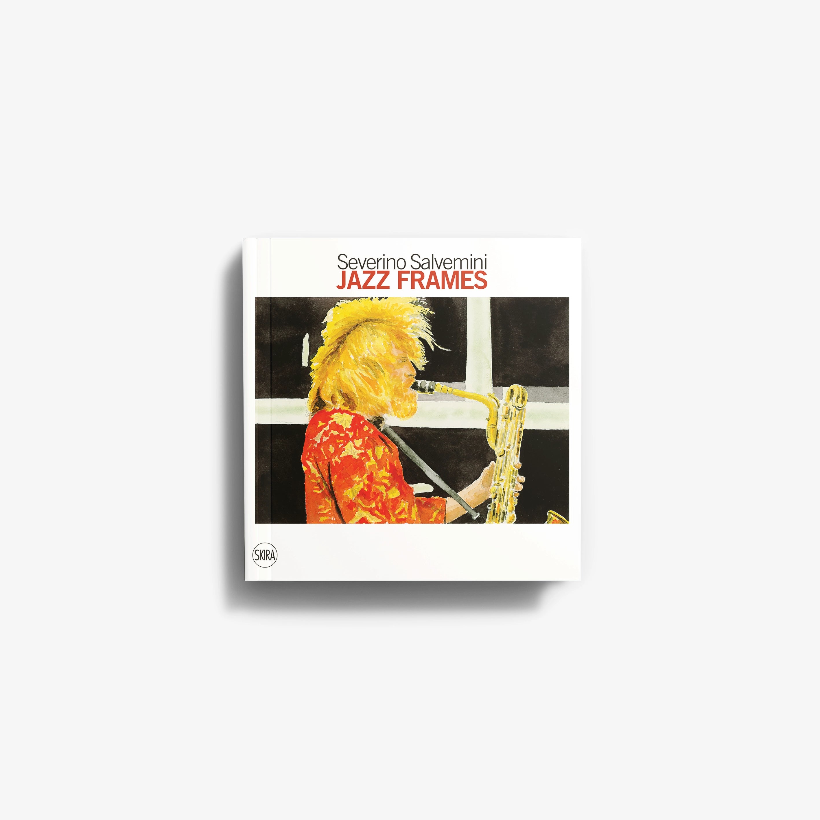 Art book with photographic framing, Skira Arte, Severino Salvemini Jazz Frames, yellow and red musician illustration