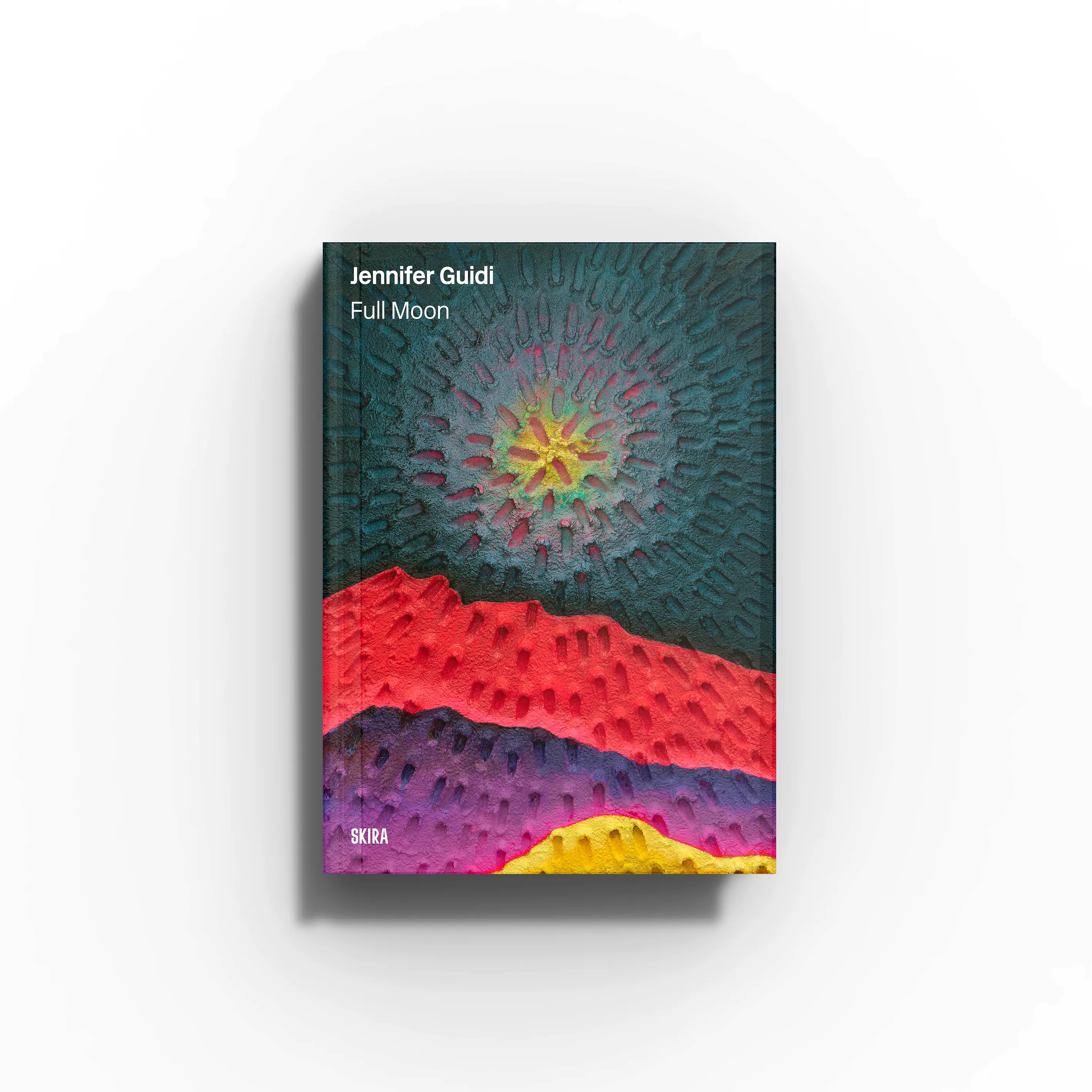 Contemporary art monograph by Skira Arte, Jennifer Guidi Full Moon, teal textured cover with symmetry and geometry focus