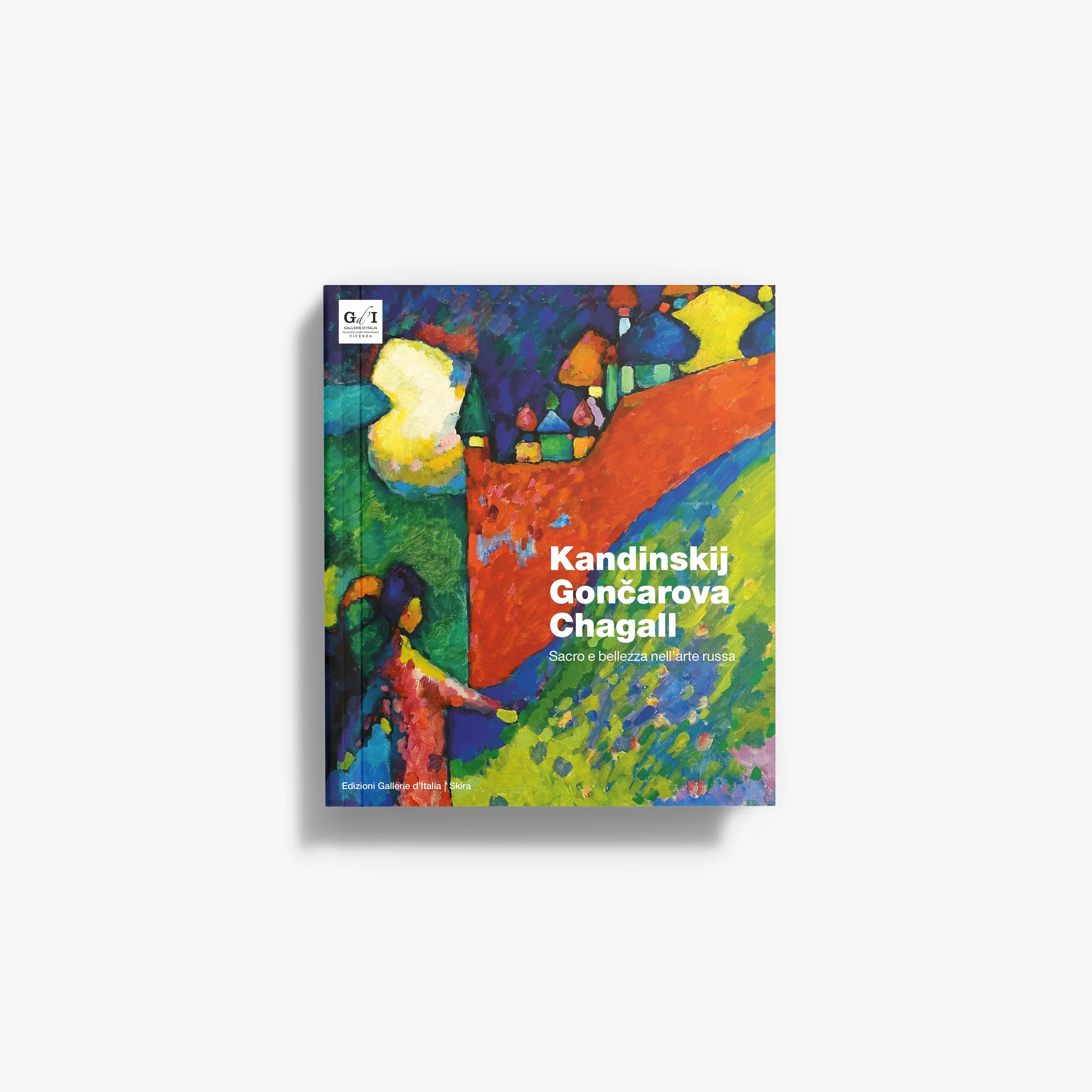 Abstract art book cover with colorful geometric figures and landscape