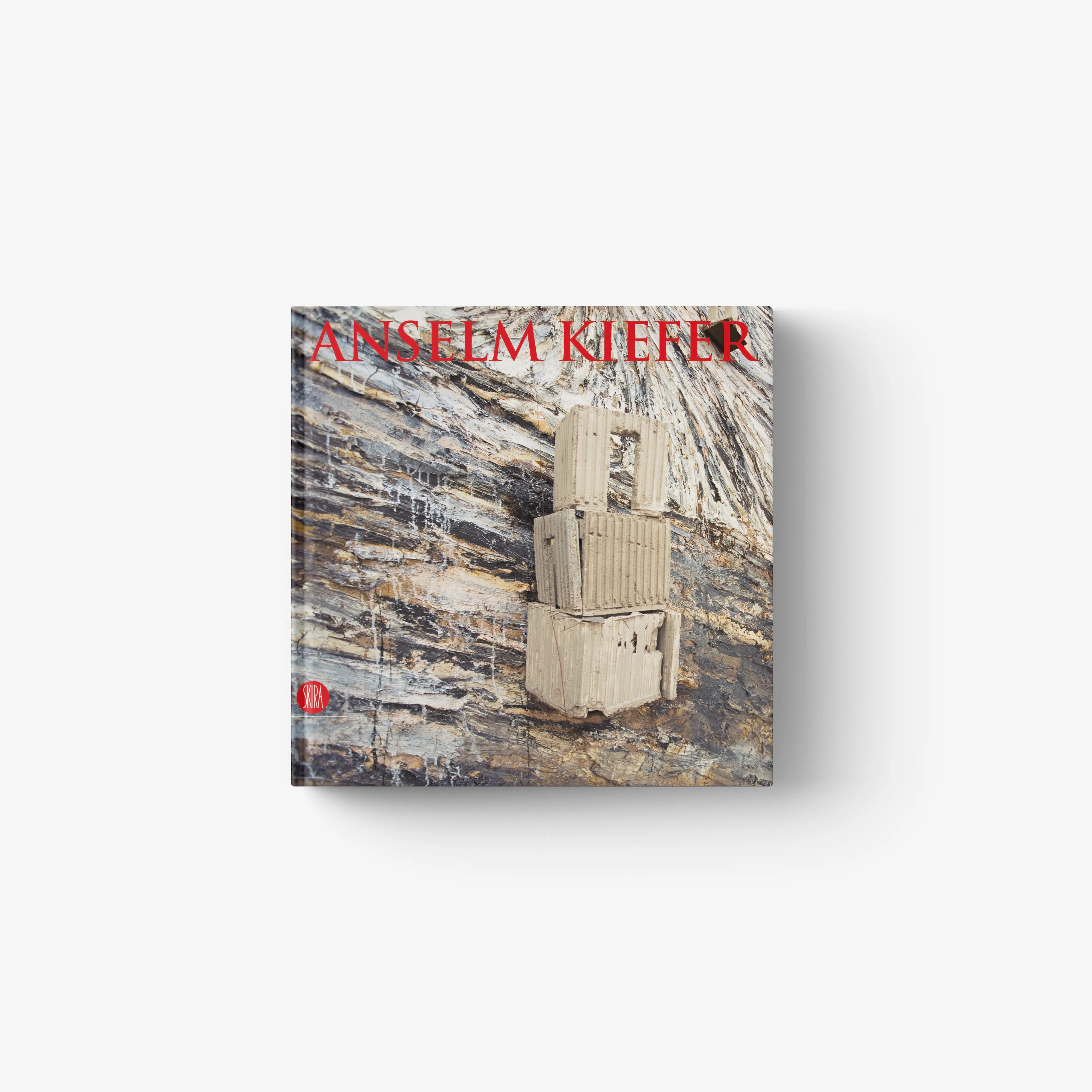 Abstract wall art canvas with textured landscape, sculptural column, and ANSELM KIEFER text