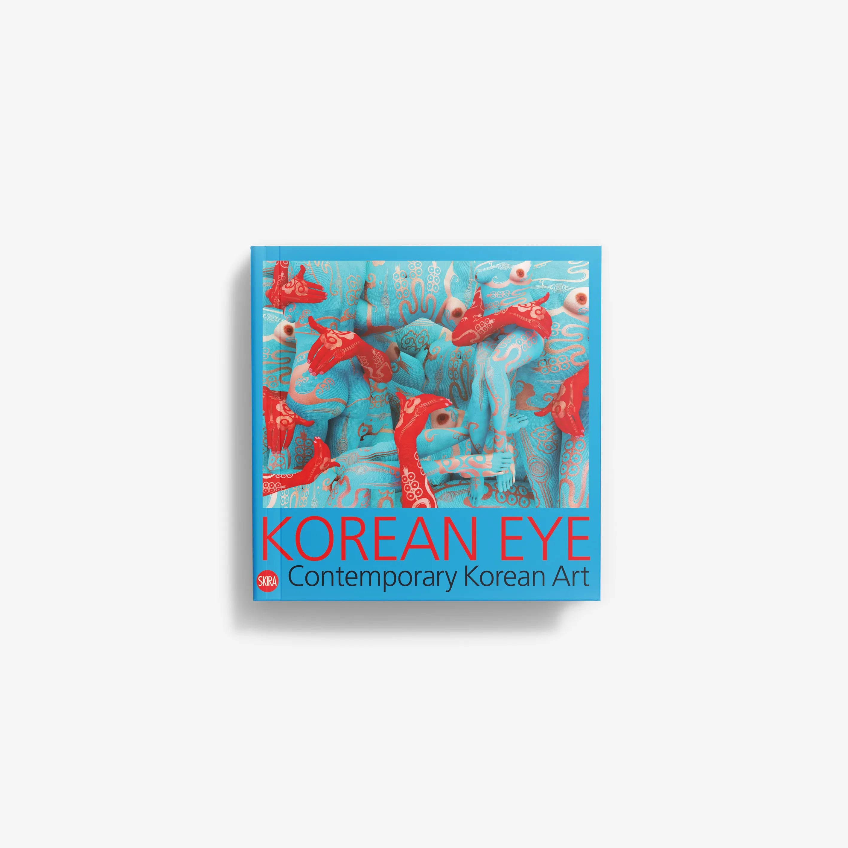 Blue-toned painting with abstract red and gray figures, textured brushstrokes, and "Korean Eye Contemporary Korean Art" text .
