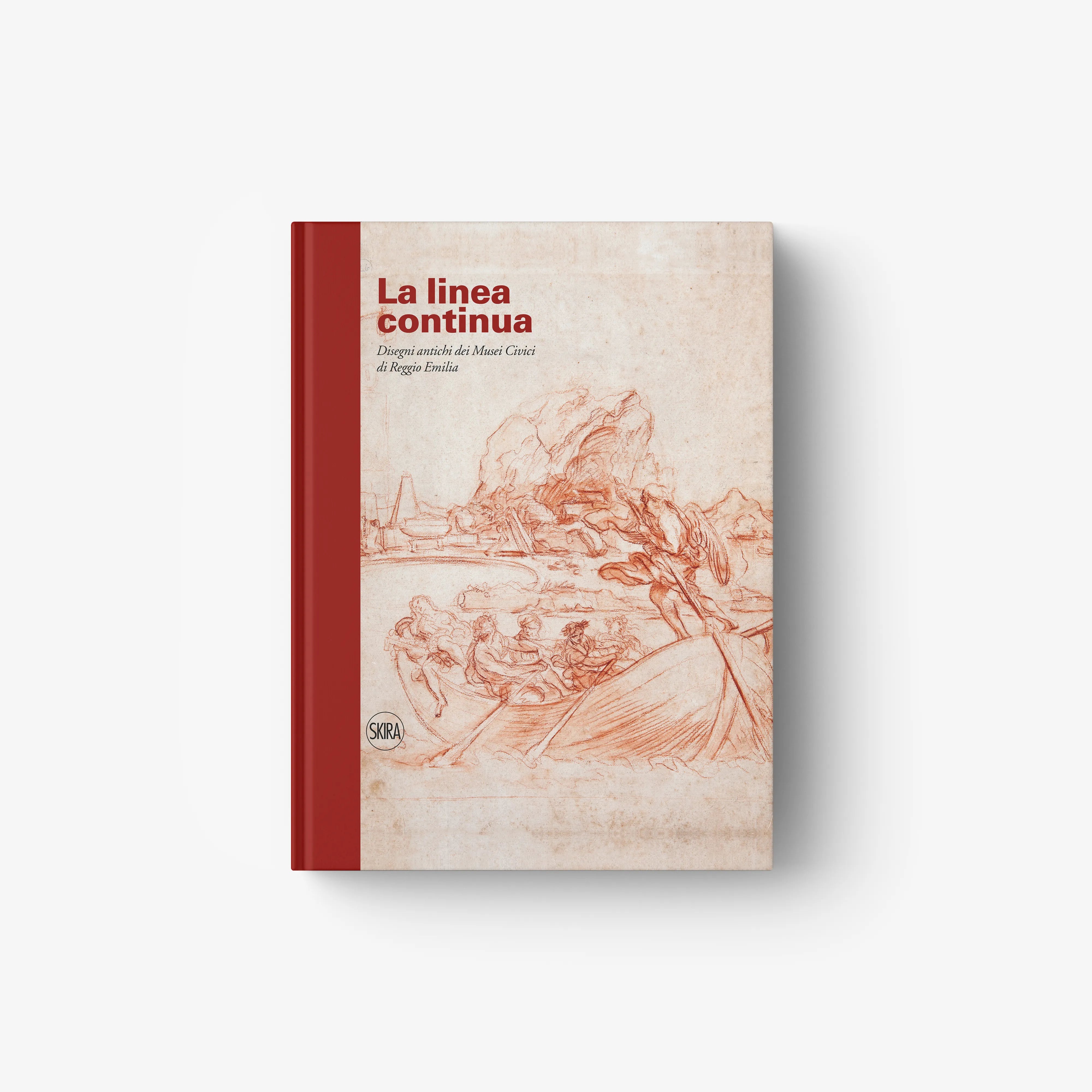 Hardcover book with red spine and beige cover featuring sepia illustration