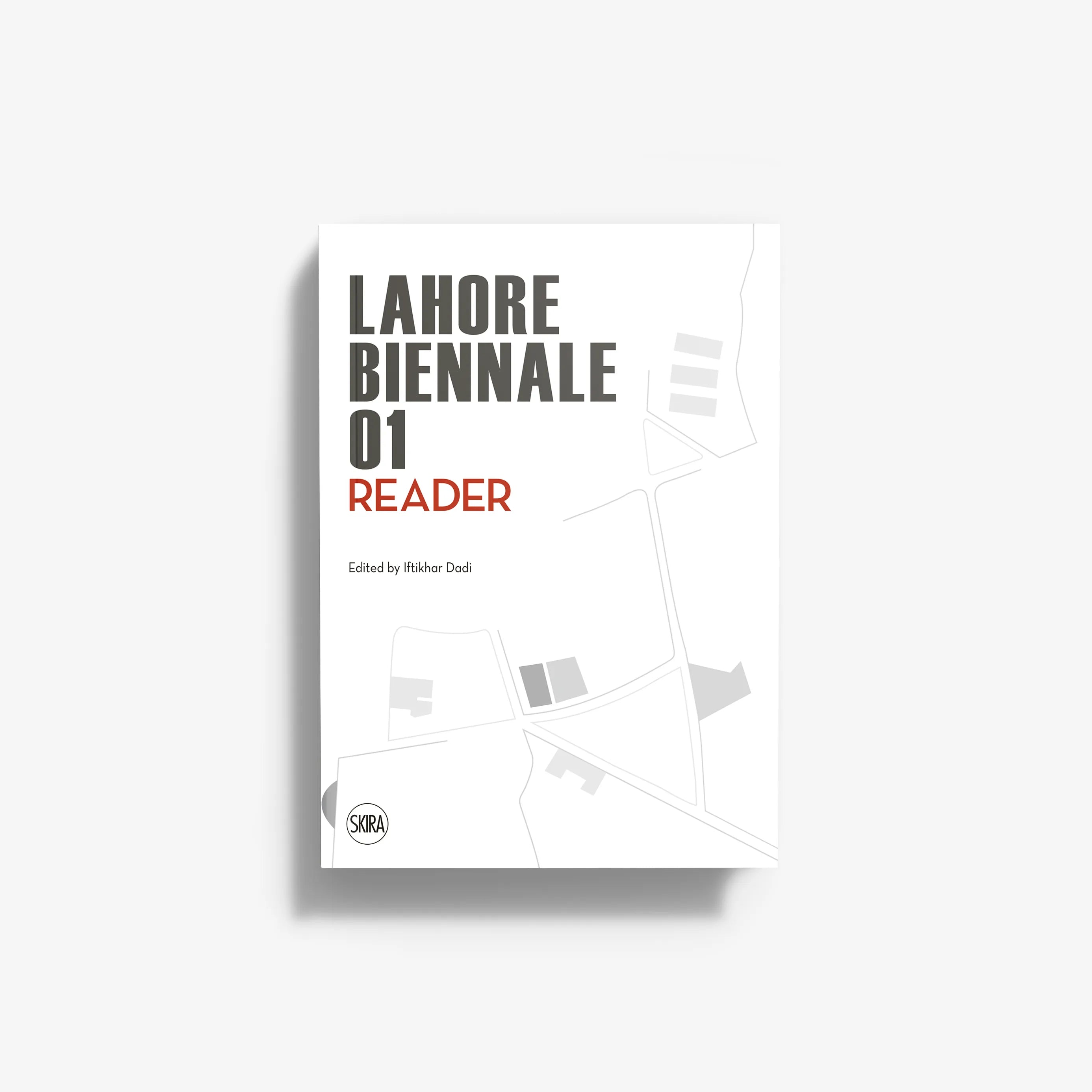Reader book in white with grey and red text, Lahore Biennale 01, Skira Arte, contemporary art and culture focus