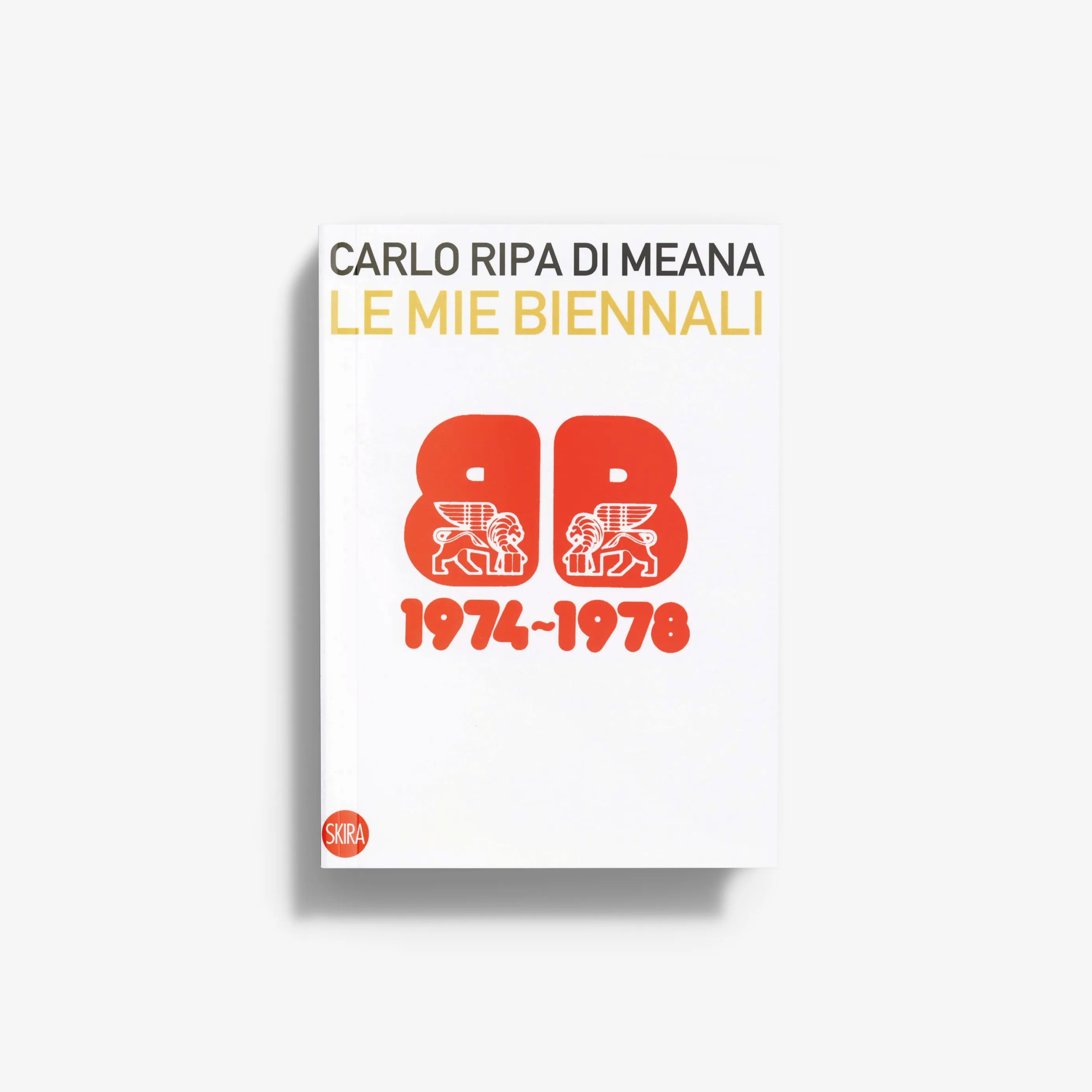 Art book by Skira Arte with white cover, red figures and 1974-1978 Biennale Venice images by Lorenzo Capellini
