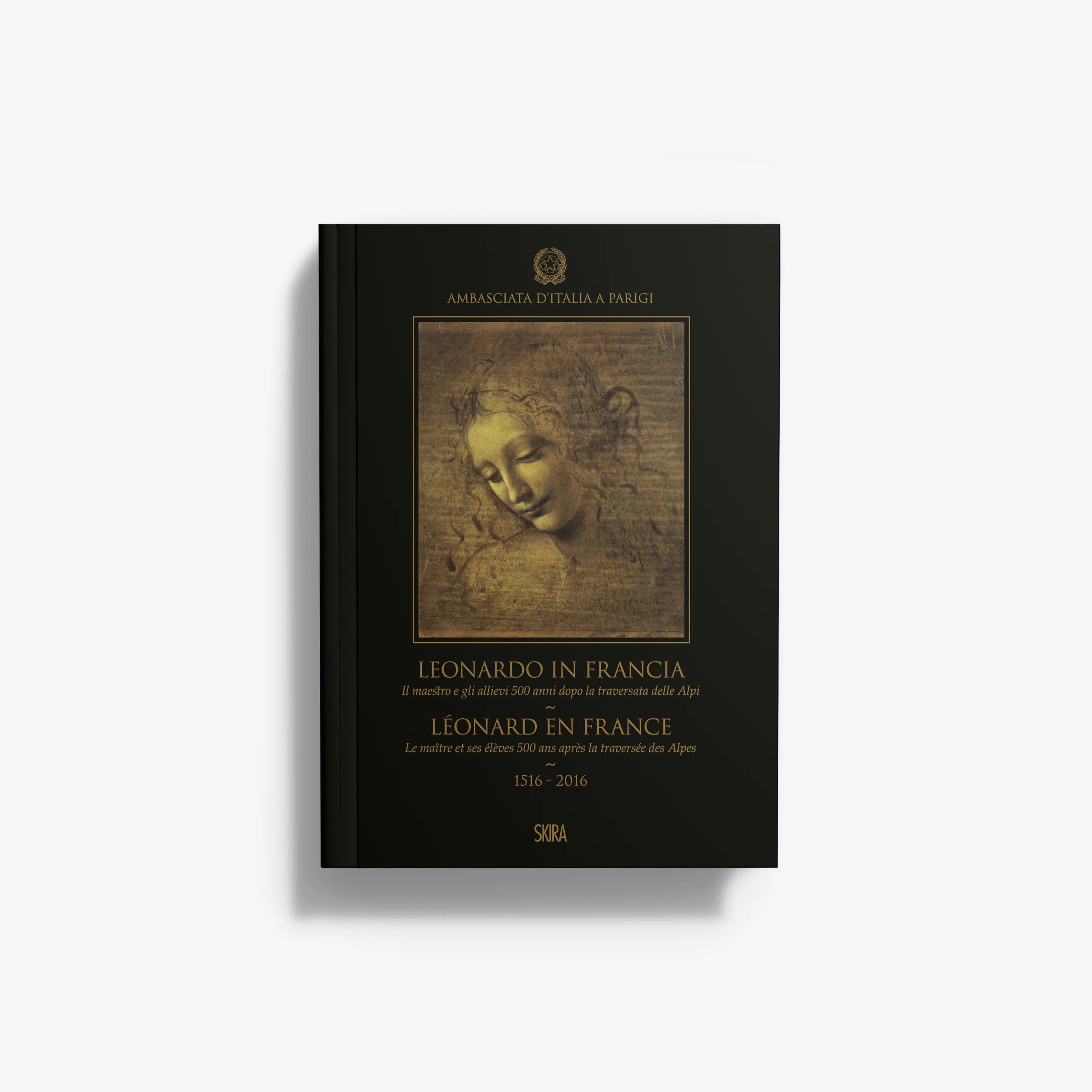 Black hardcover book featuring a sepia sketch of Leonardo da Vinci’s face on the cover with gold text in Spanish and French.