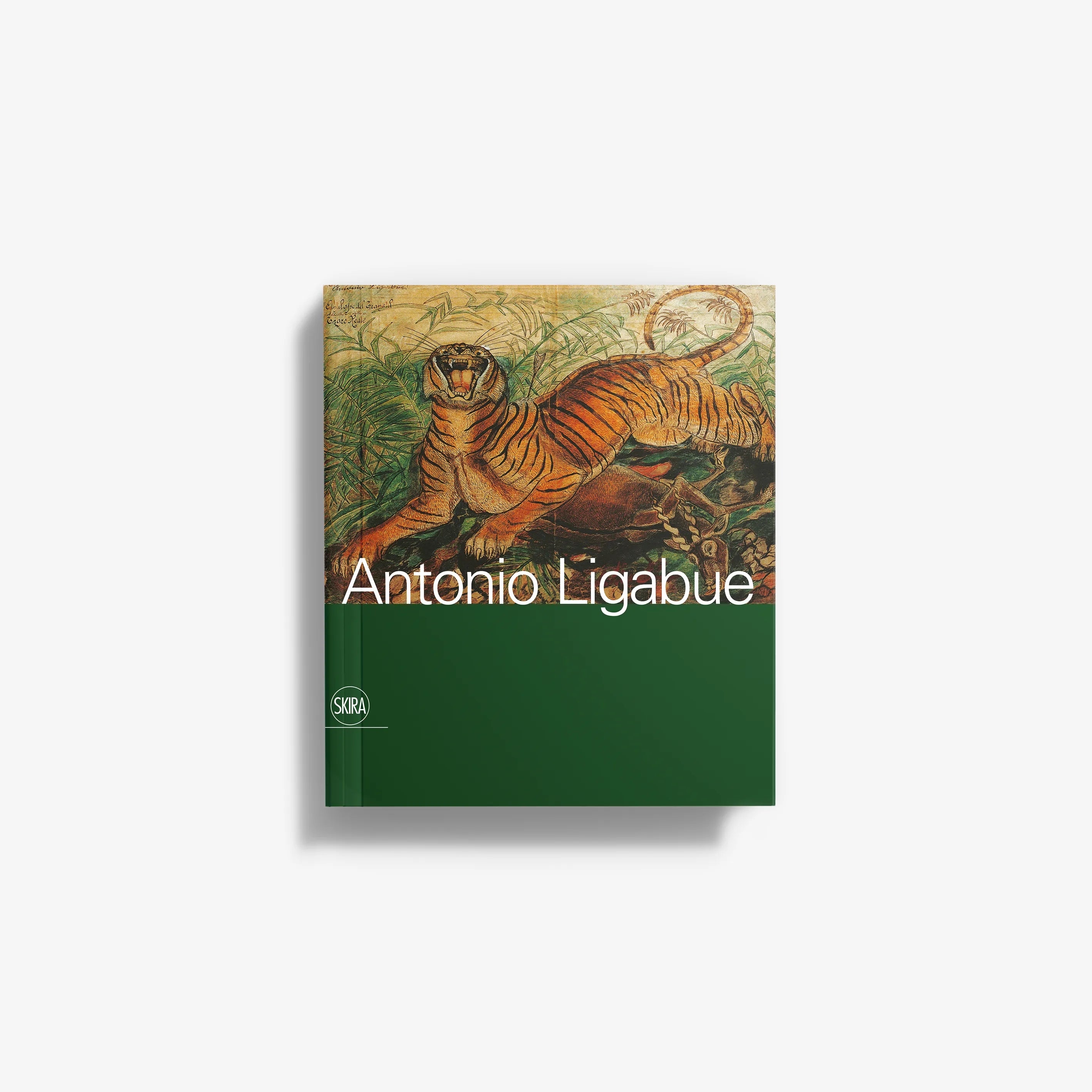 Antonio Ligabue book cover with tiger illustration and green bottom panel