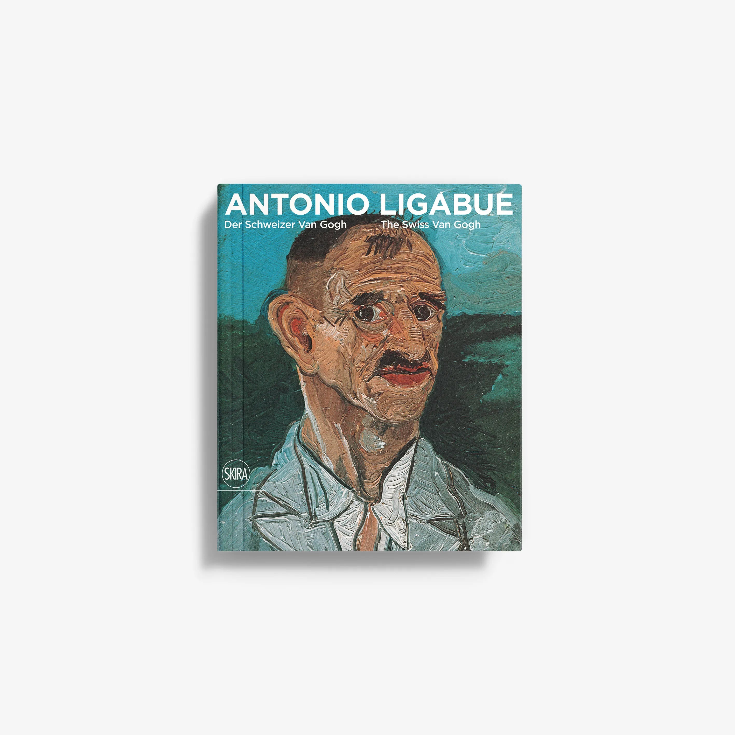 Antonio Ligabue art book with illustrated portrait cover and teal background