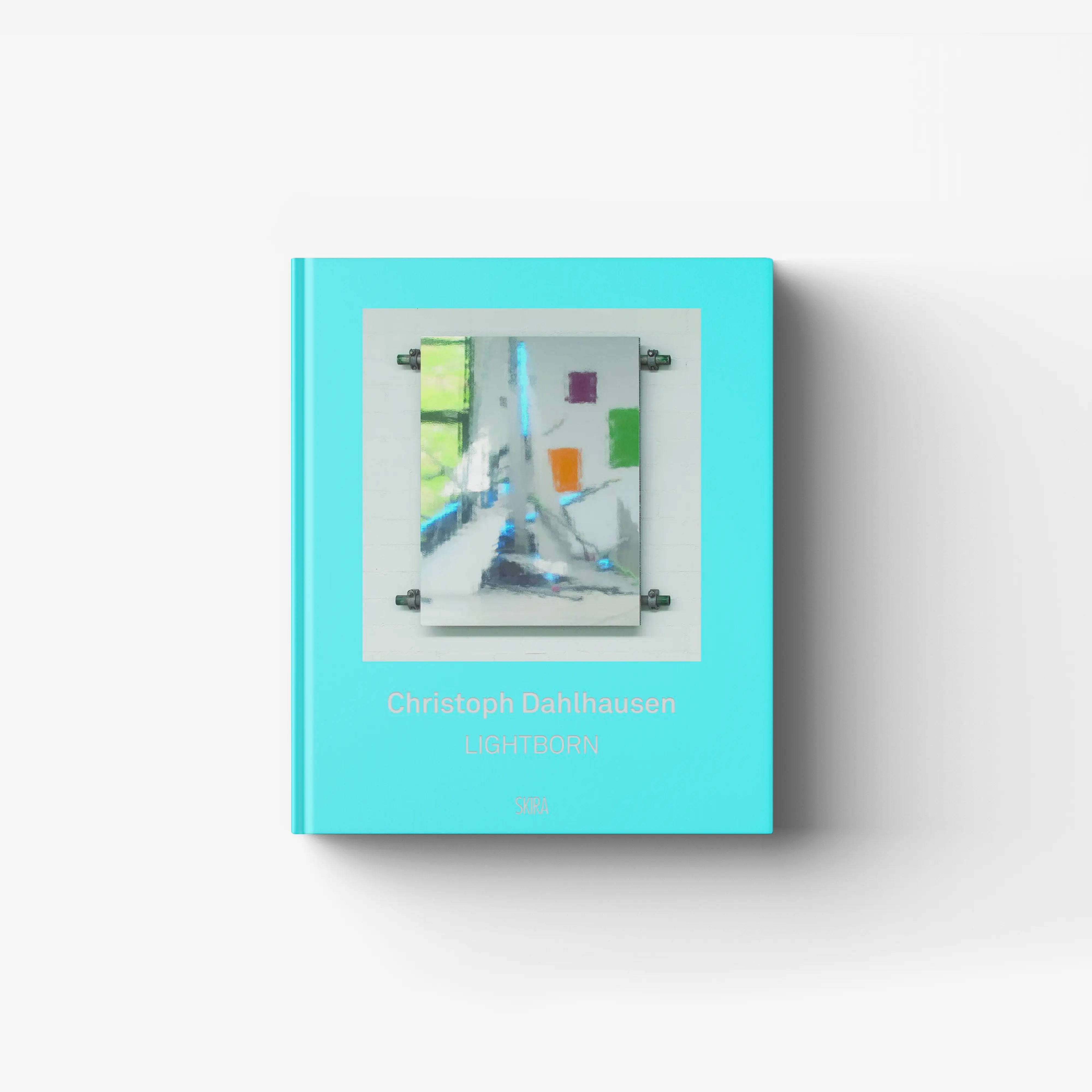 Contemporary light art artwork by Skira Arte, turquoise book cover with Christoph Dahlhausen Lightborn text and framed glass