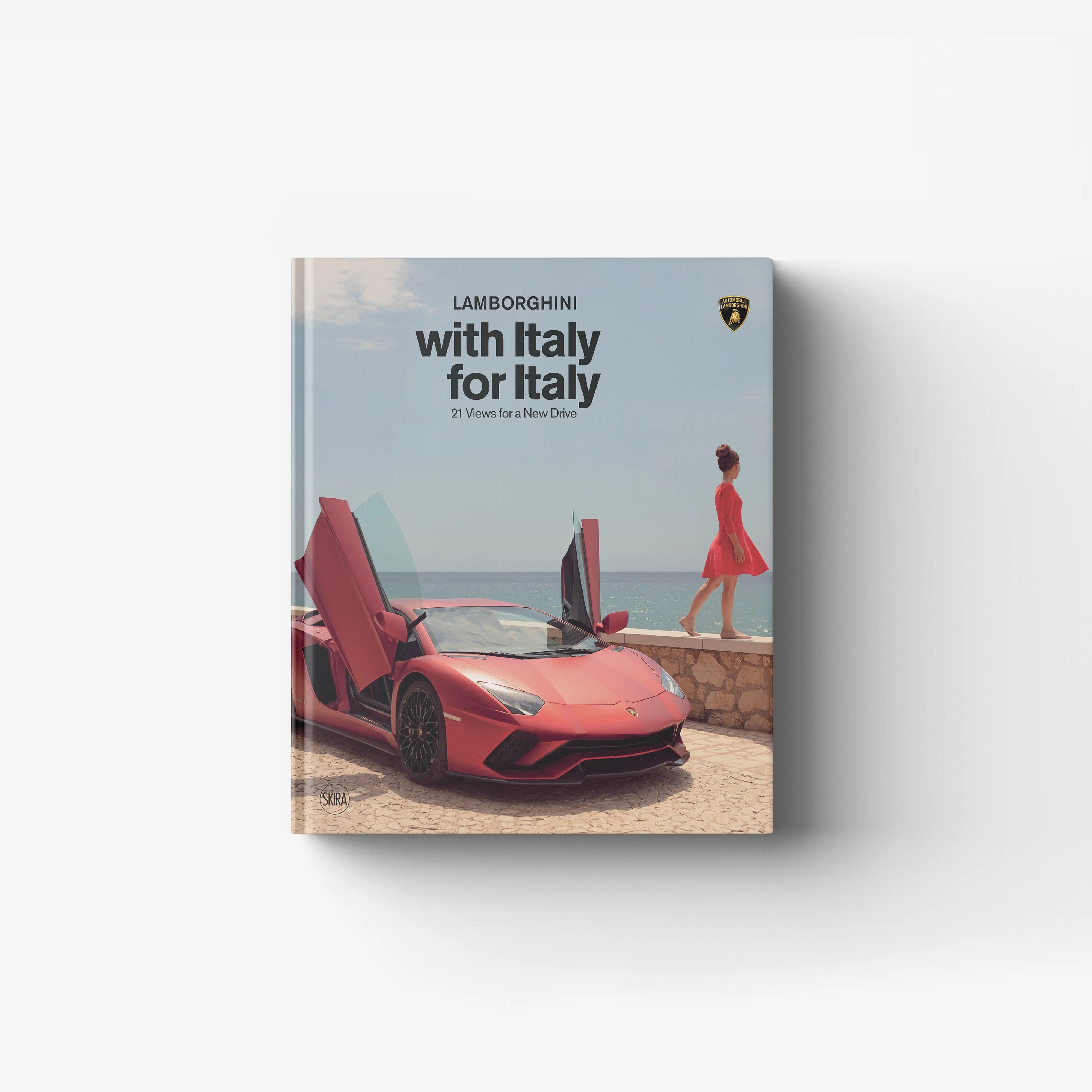 Motoring photography book by Skira Arte, Lamborghini with Italy for Italy, hardcover format, blue sky cover with red car