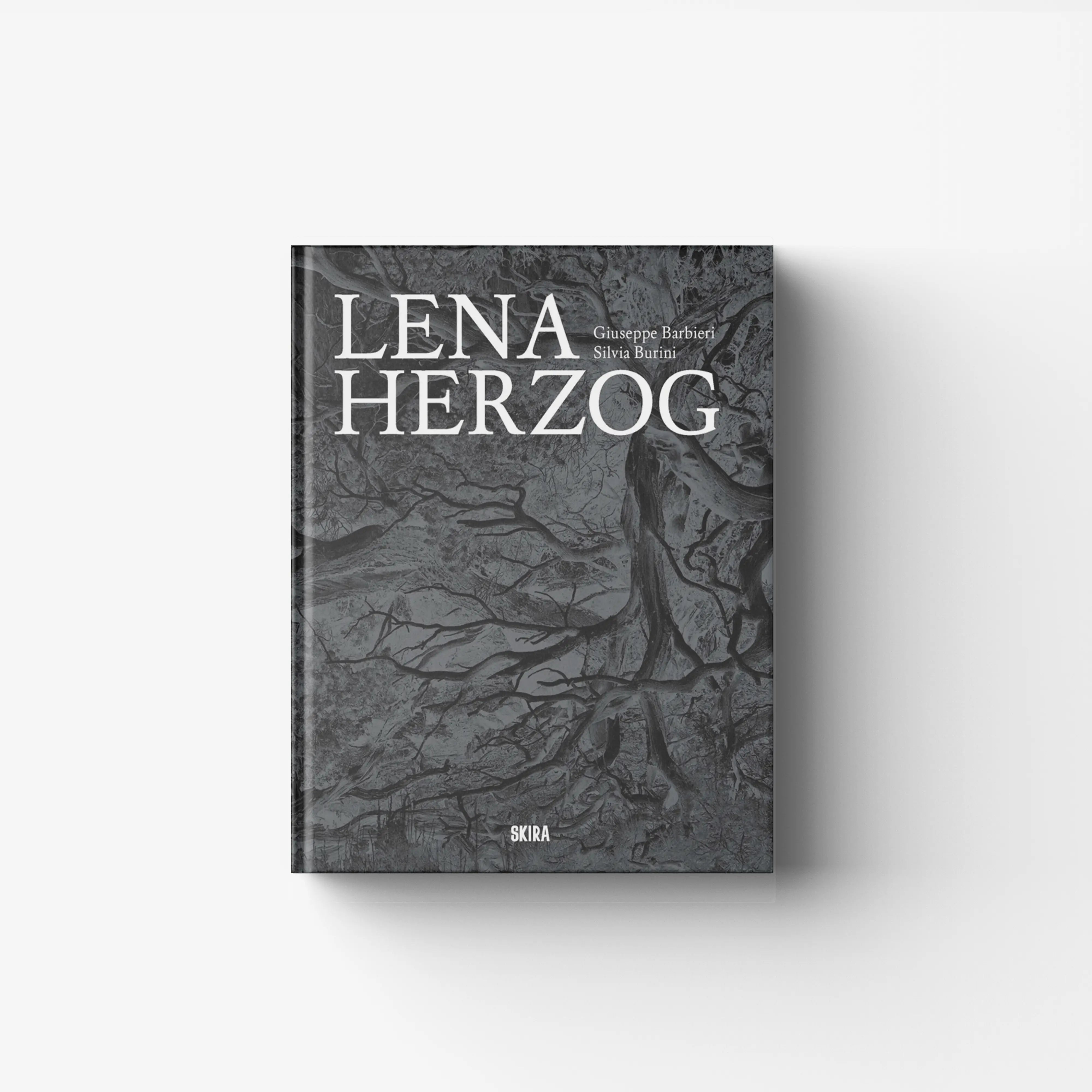 Contemporary art print in black and grey by Skira Arte with tree branches and the title Lena Herzog