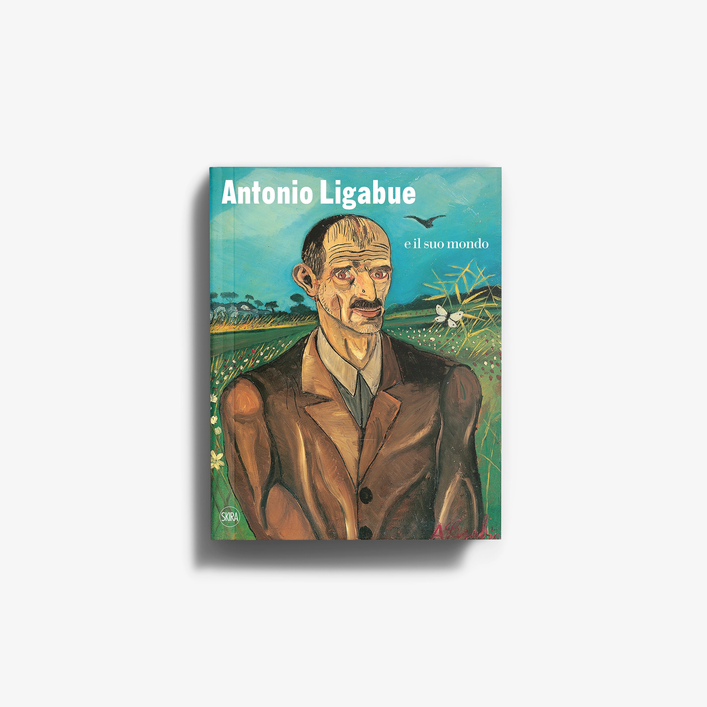 Book cover with portrait of Antonio Ligabue and title on teal background