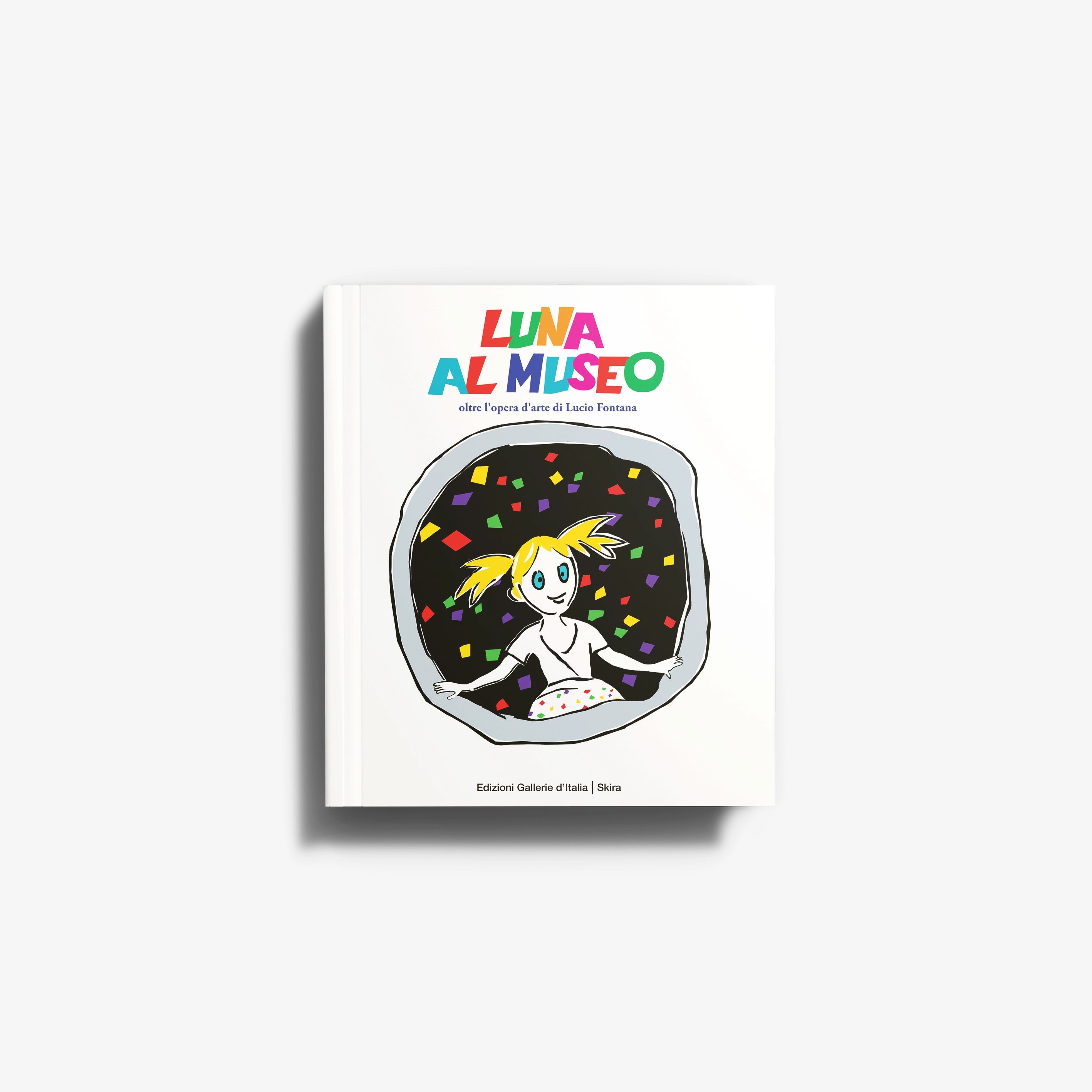 Children's silent book in white with Skira Arte branding, featuring a museum setting Gallerie d'Italia di Milano