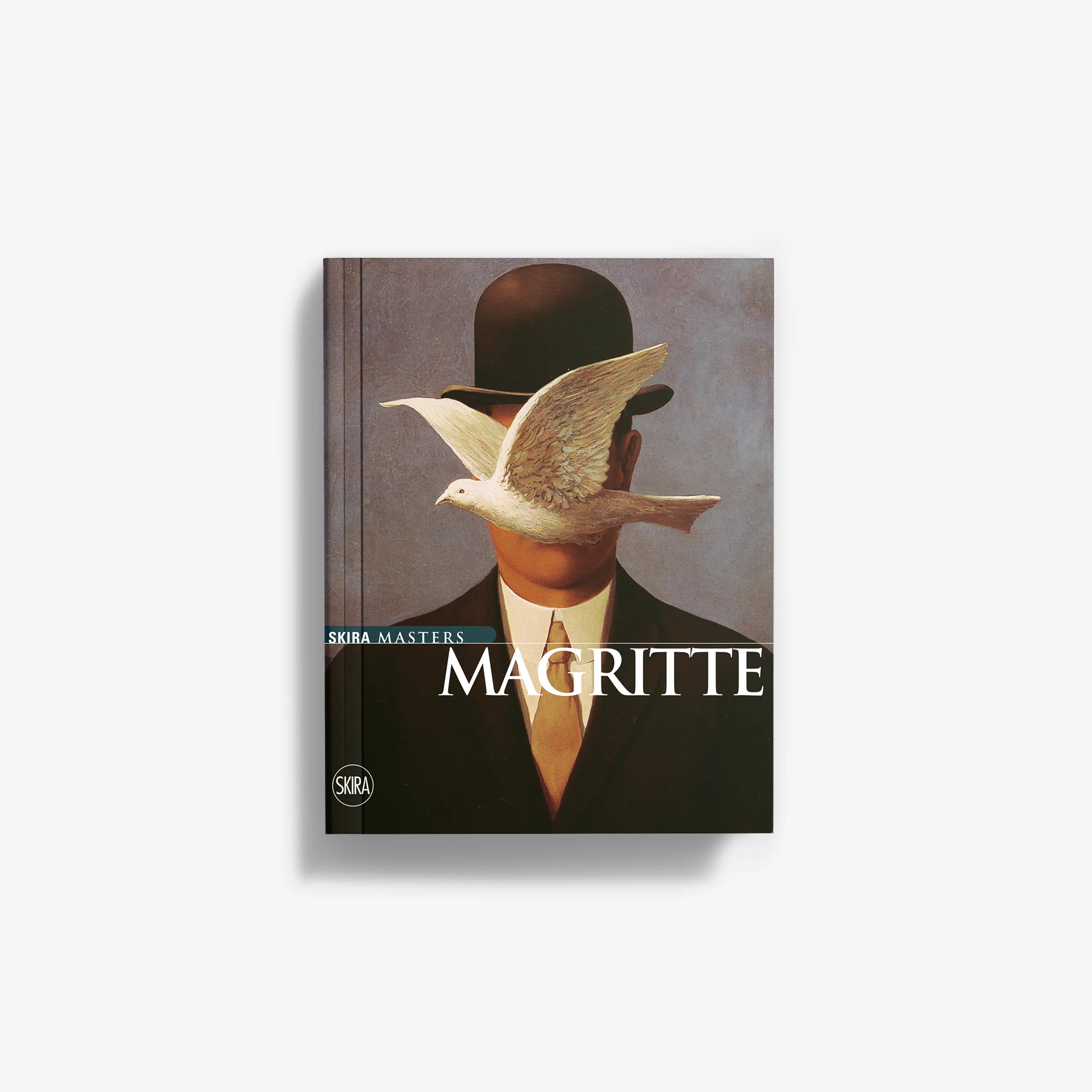 Surrealist painting featuring a man in a suit and bowler hat with a large white bird flying across his face.