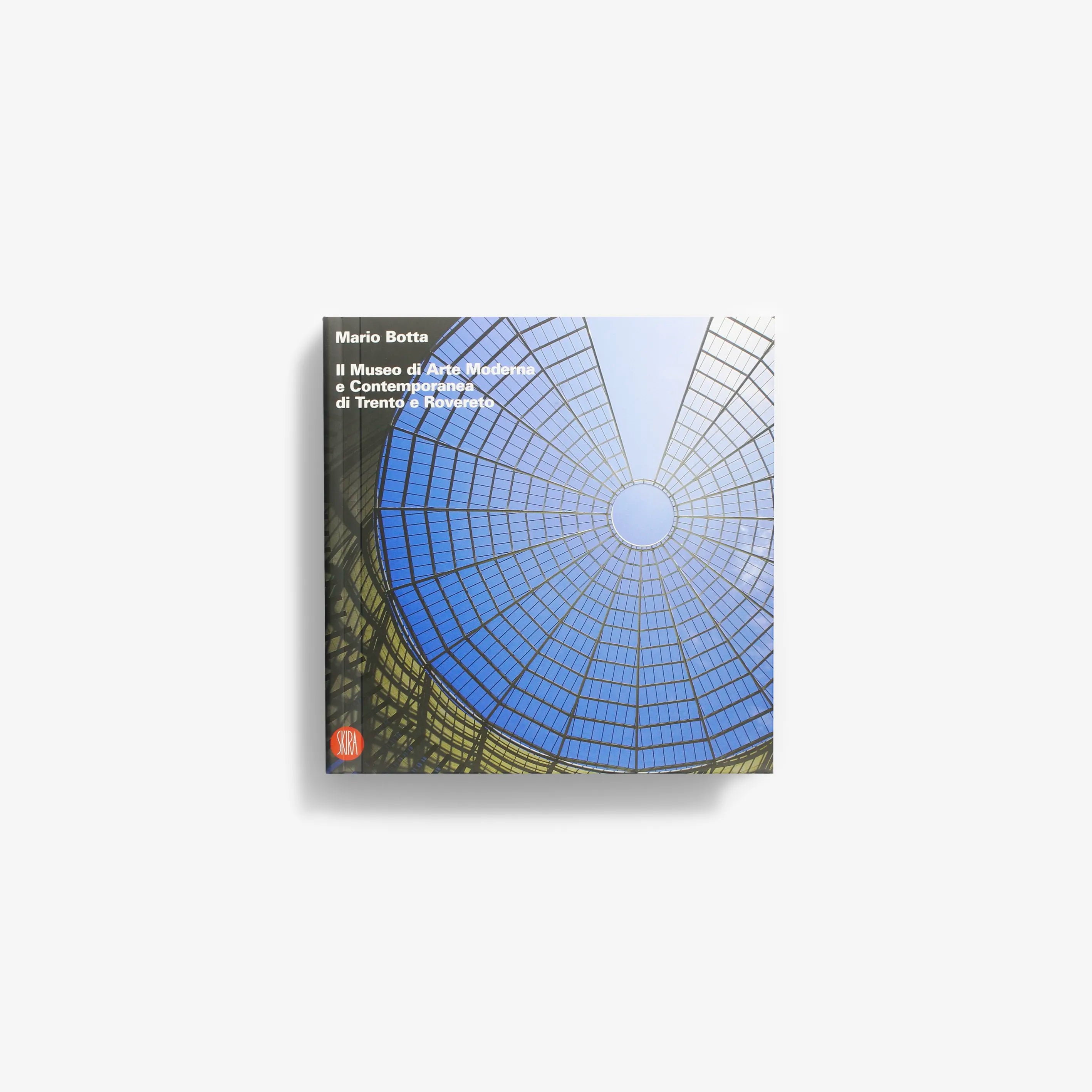 Architectural book by Skira Arte with blue glass dome cover and arched framework, Mario Botta museum monograph