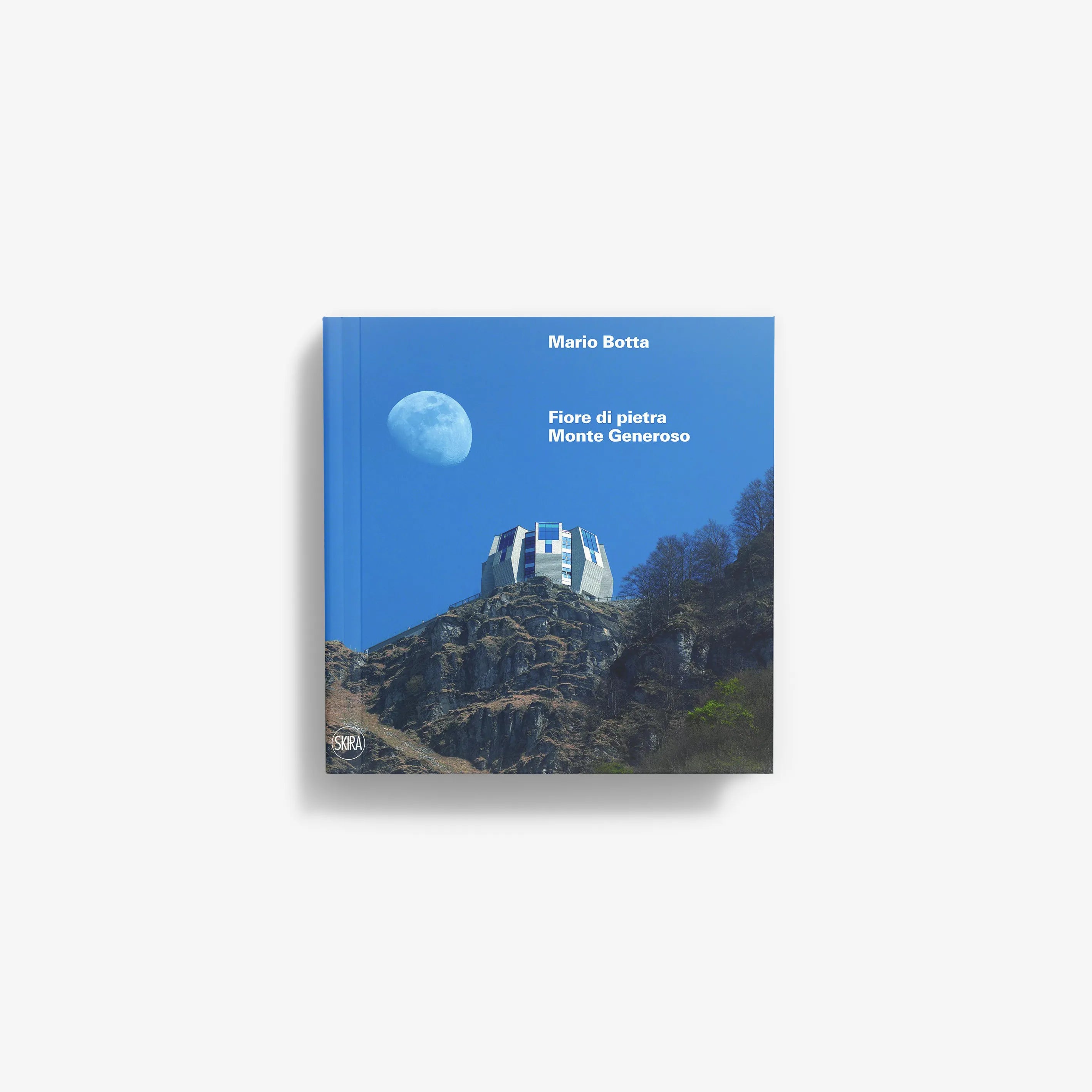 Landscape art book with blue cover by Skira Arte, Mario Botta, Fiore di pietra Monte Generoso, five-storey petal towers