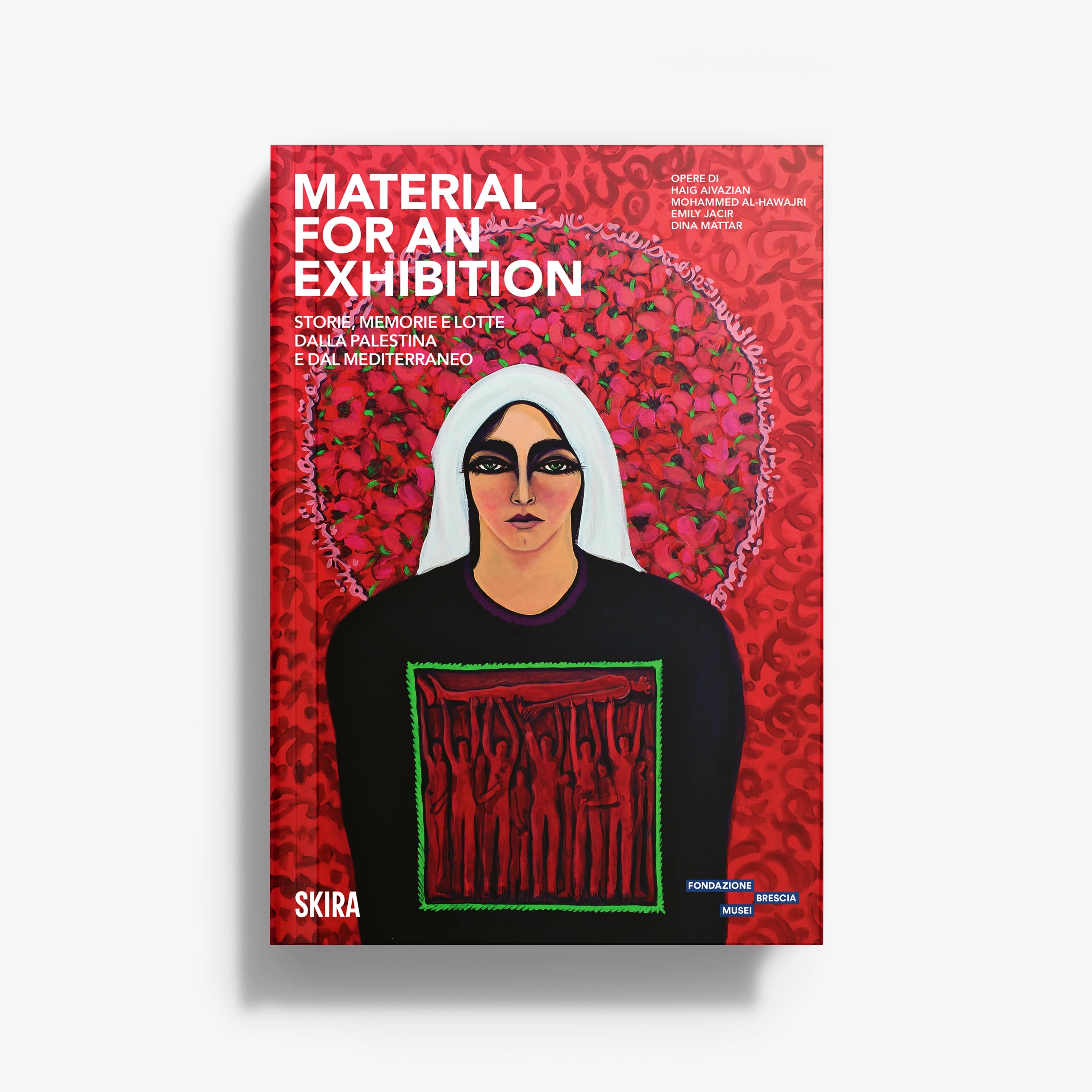 Exhibition book cover with illustrated woman, red floral background, black outfit