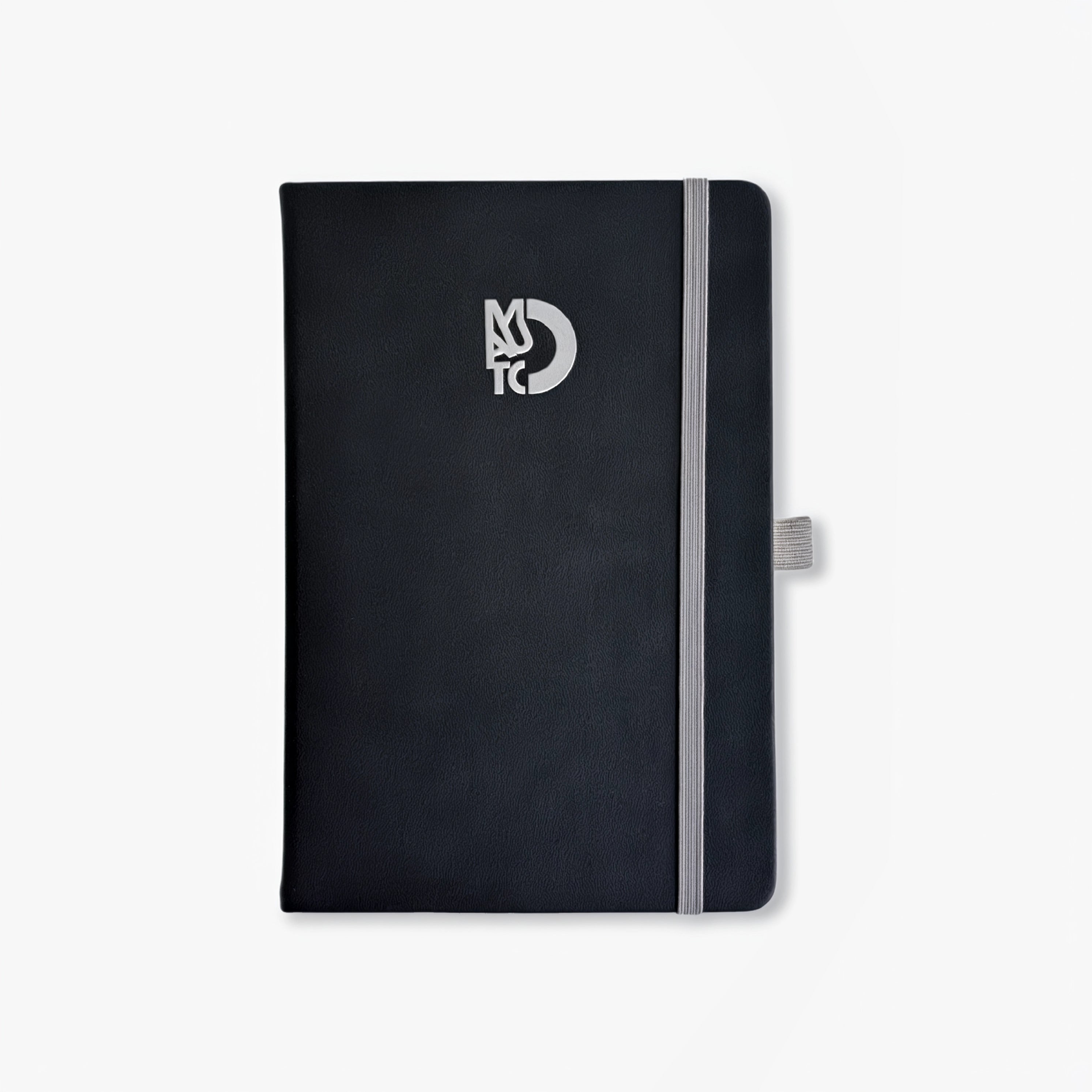 Black bound notebook with MAUTO logo, gray spine, elastic side strap