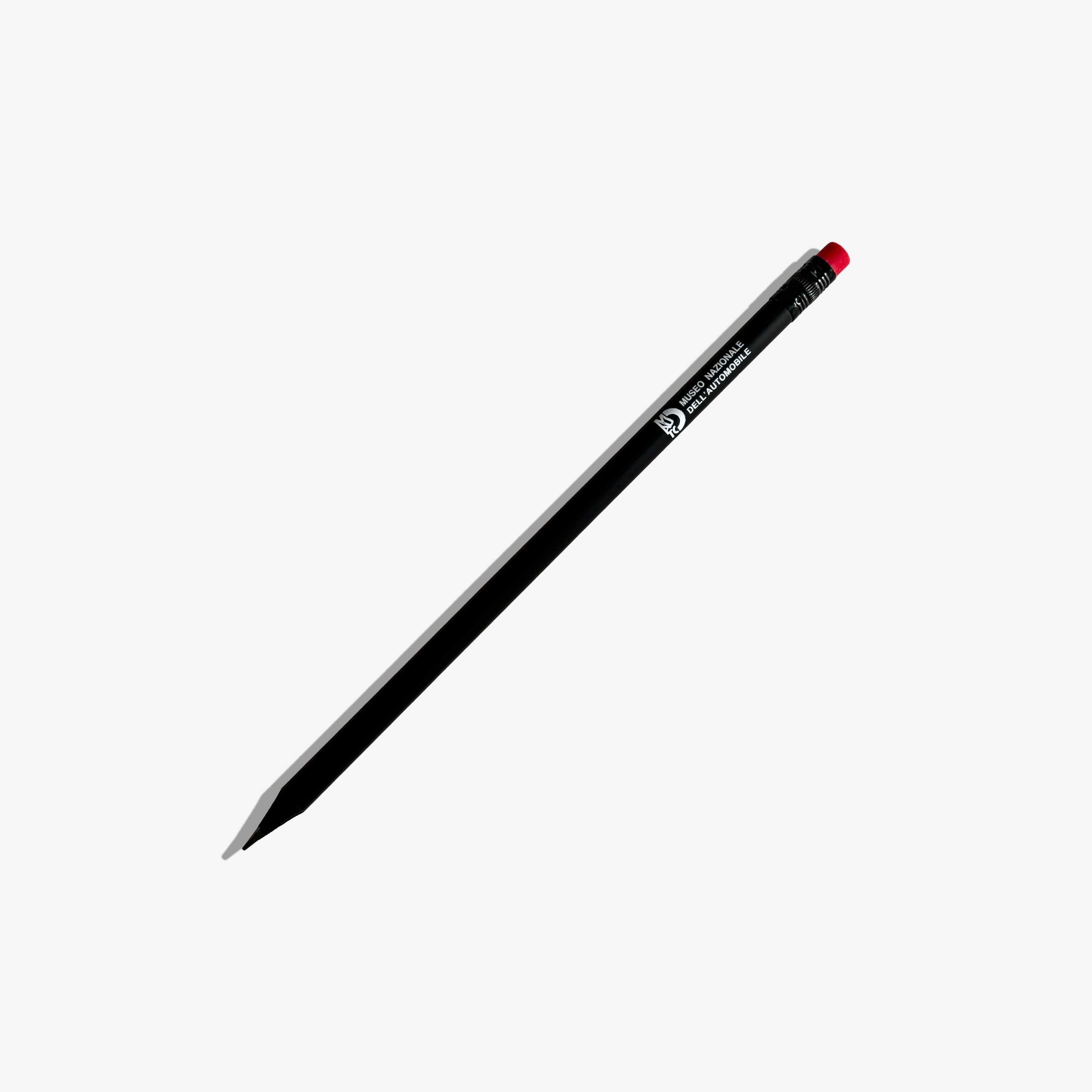 Official MAUTO museum pencil, black body with red eraser cap and printed label