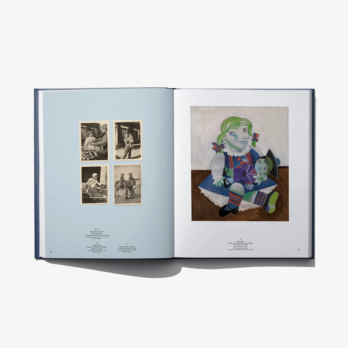 Open art book showing photo collage on left and colorful portrait artwork on right
