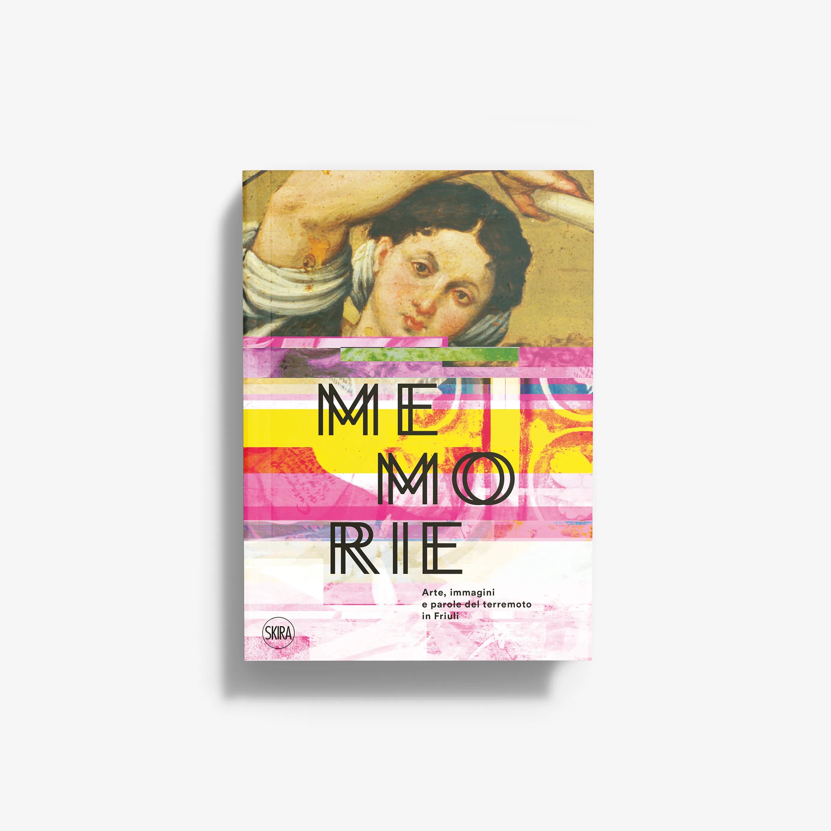 Memories book cover with dog photo and colorful abstract typography, about Friuli earthquake