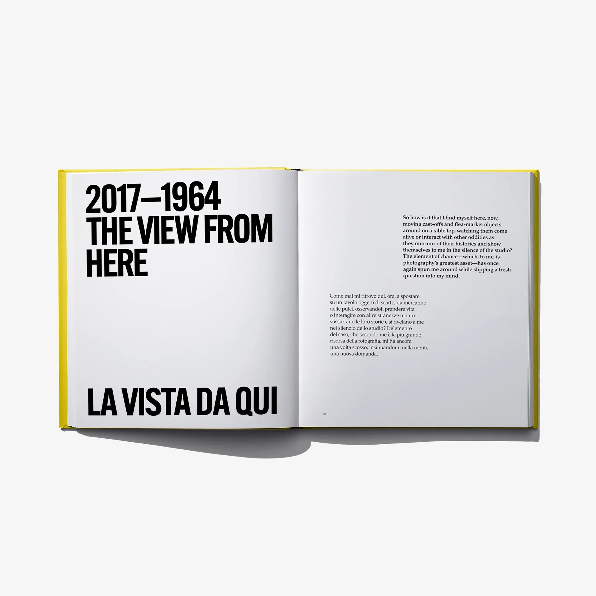 Open photo book spread with bold cover-style title text on the left page.