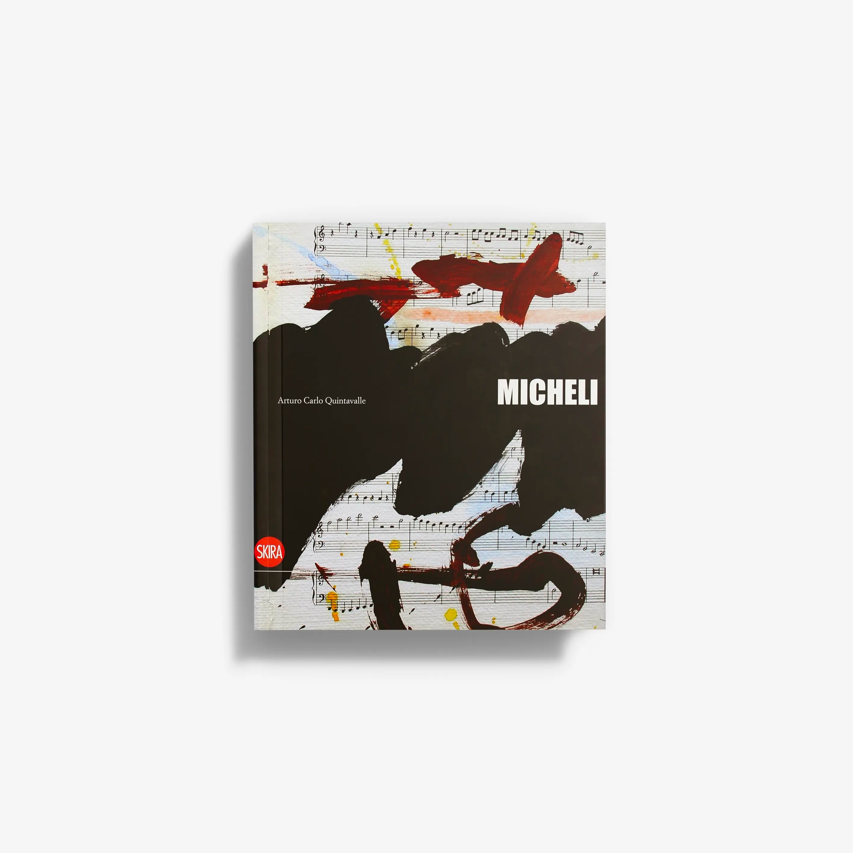 Contemporary art print by Skira Arte with red abstract figures and sheet music, titled Roberto Micheli