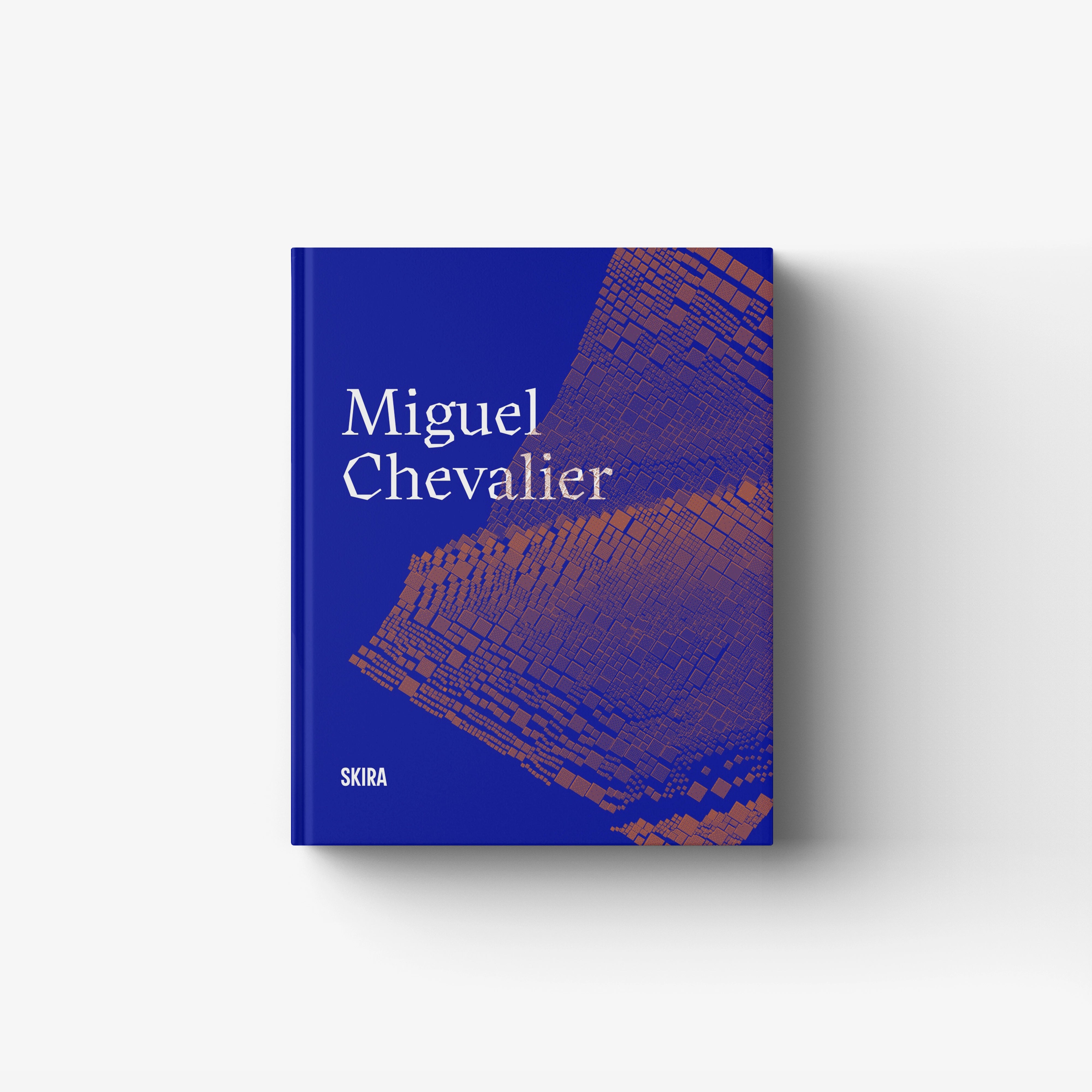 Contemporary art book in blue with Skira Arte, Miguel Chevalier cover and laser-cut and 3D-printed sculpture media