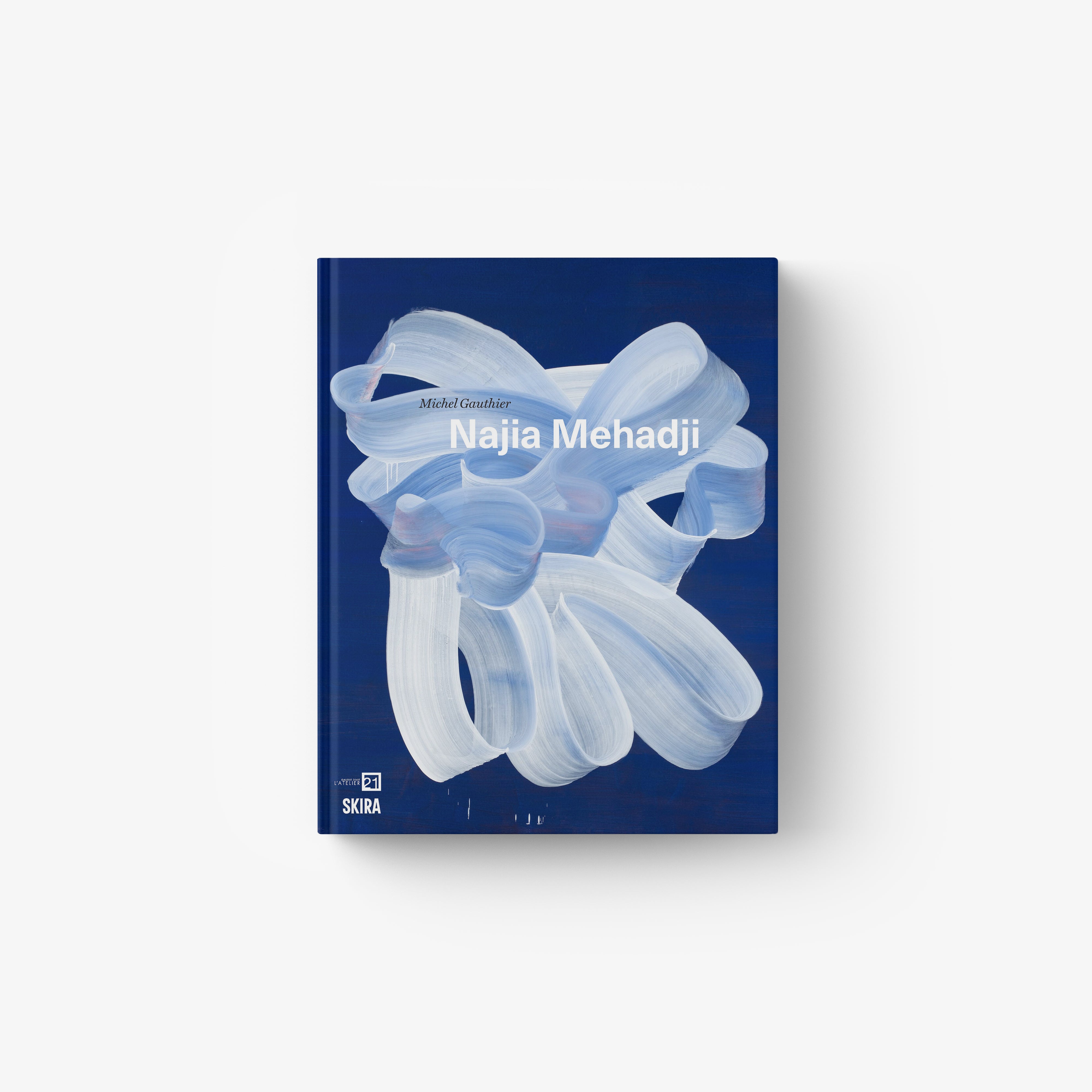 Abstract art book cover with white ribbon-like strokes on dark blue background