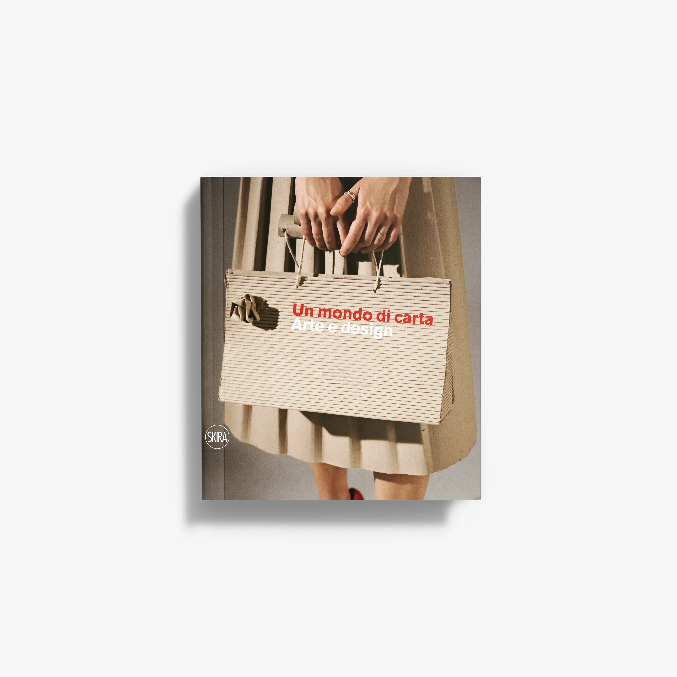 Beige woven paper tote bag with blue and red text print