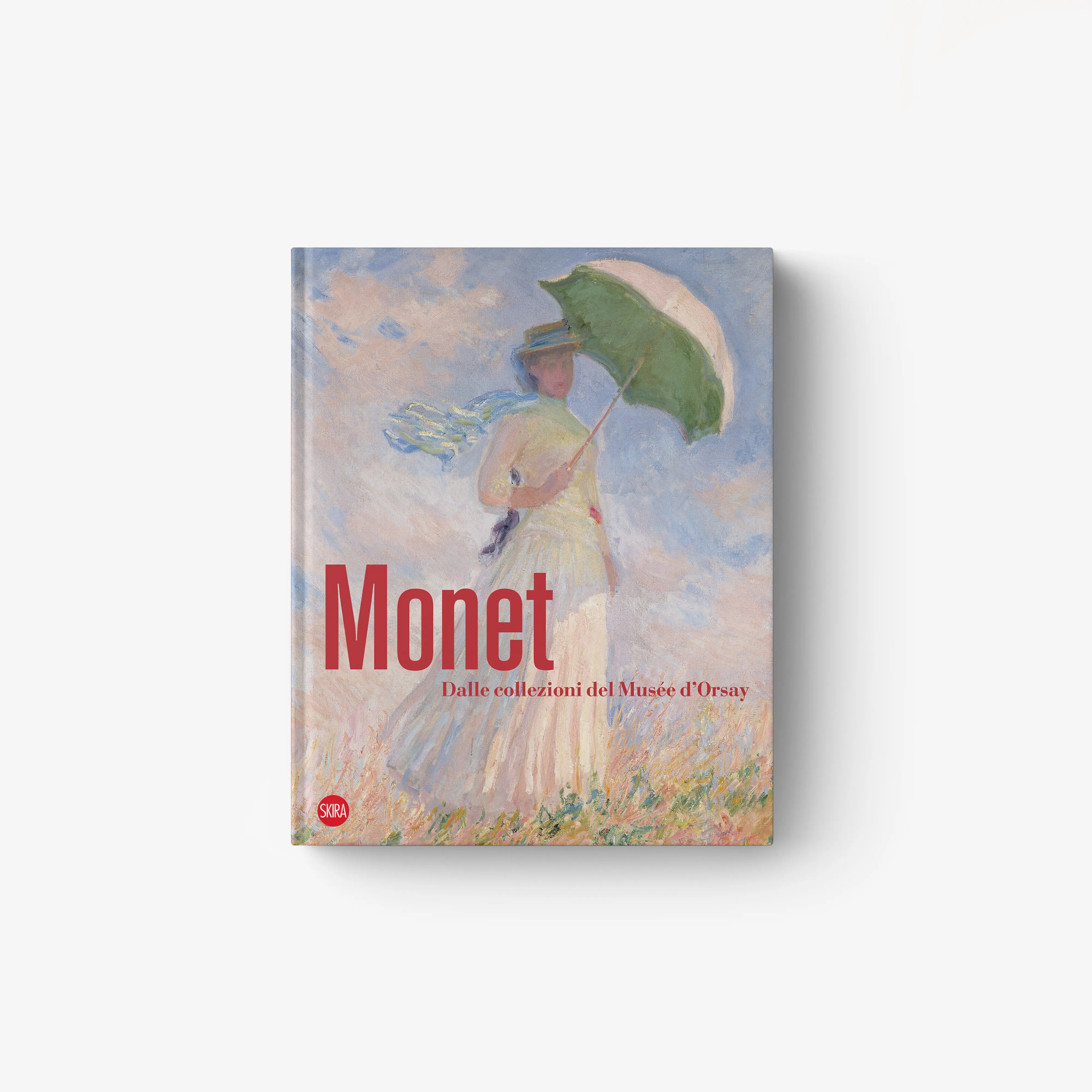 Monet art book with cover painting of a woman holding a green umbrella, red title