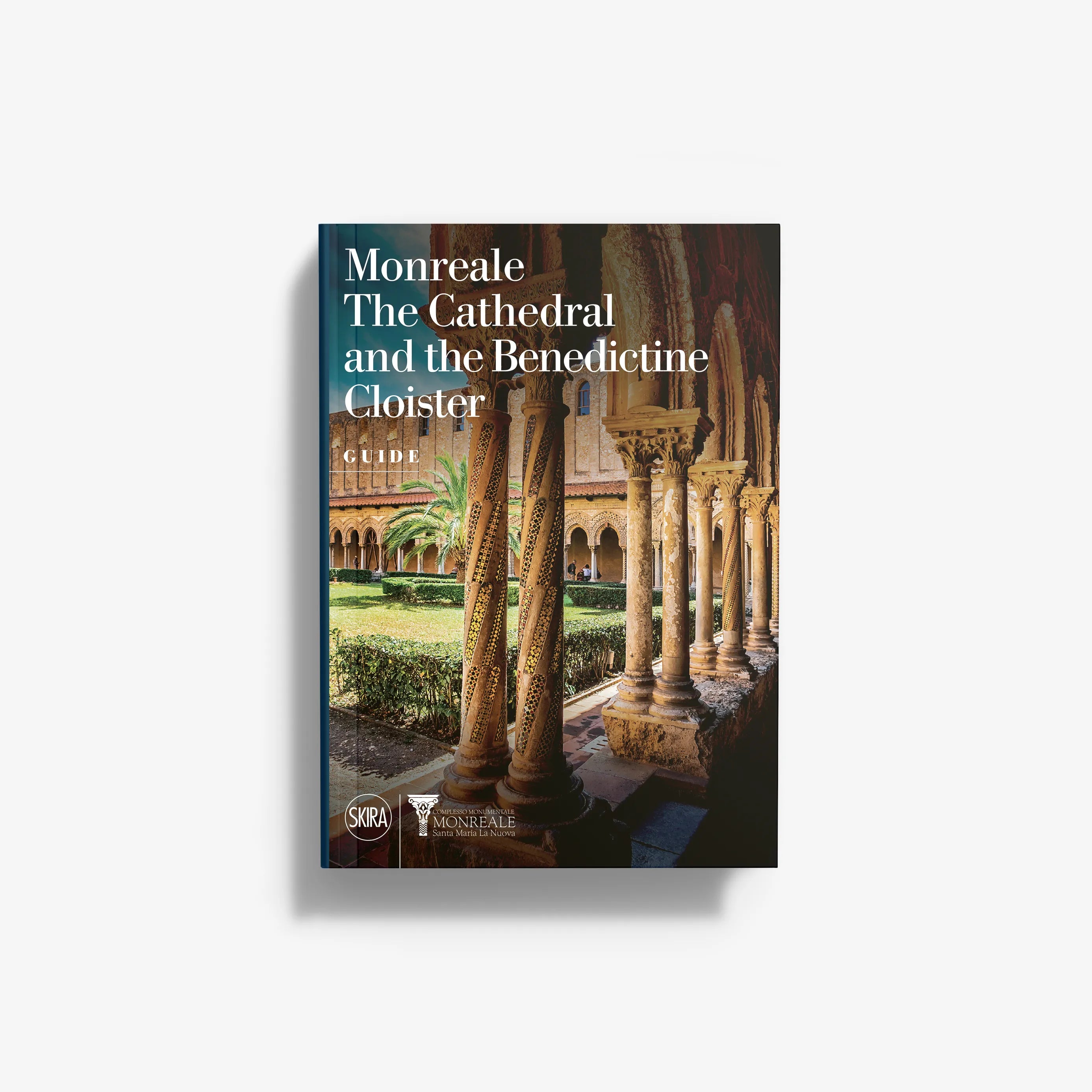 Art book by Skira Arte with Monreale Cathedral and Benedictine Cloister subject, showing cover with columns and garden