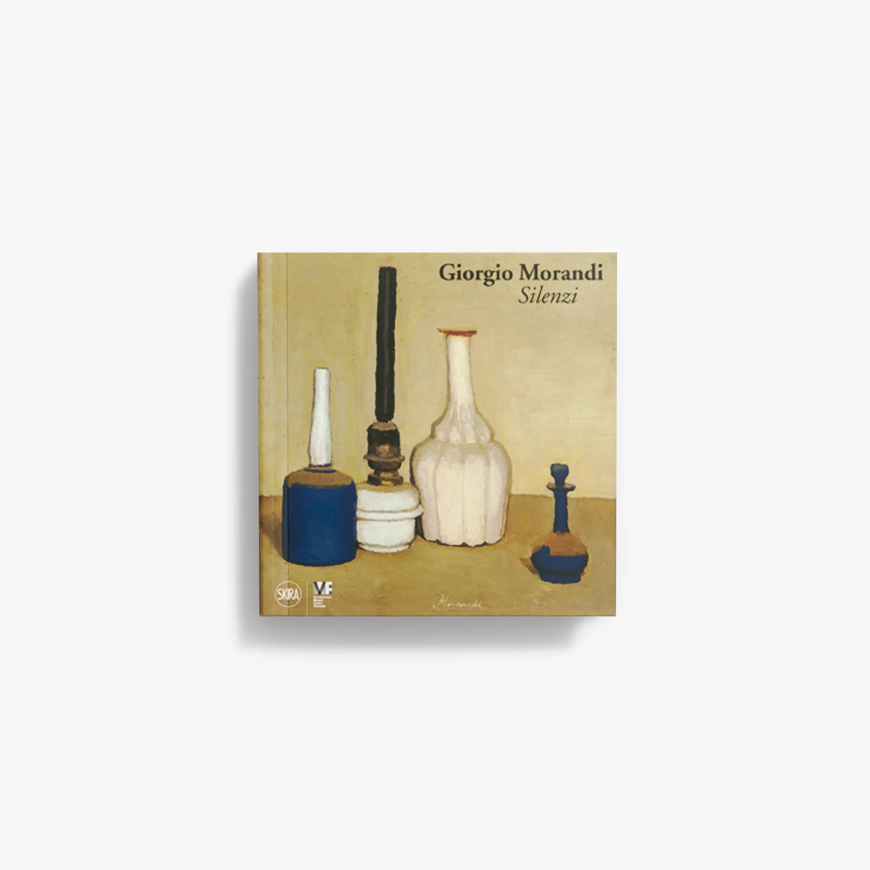 Contemporary art book Giorgio Morandi Silenzi by Skira Arte, still life artwork cover with muted yellow background