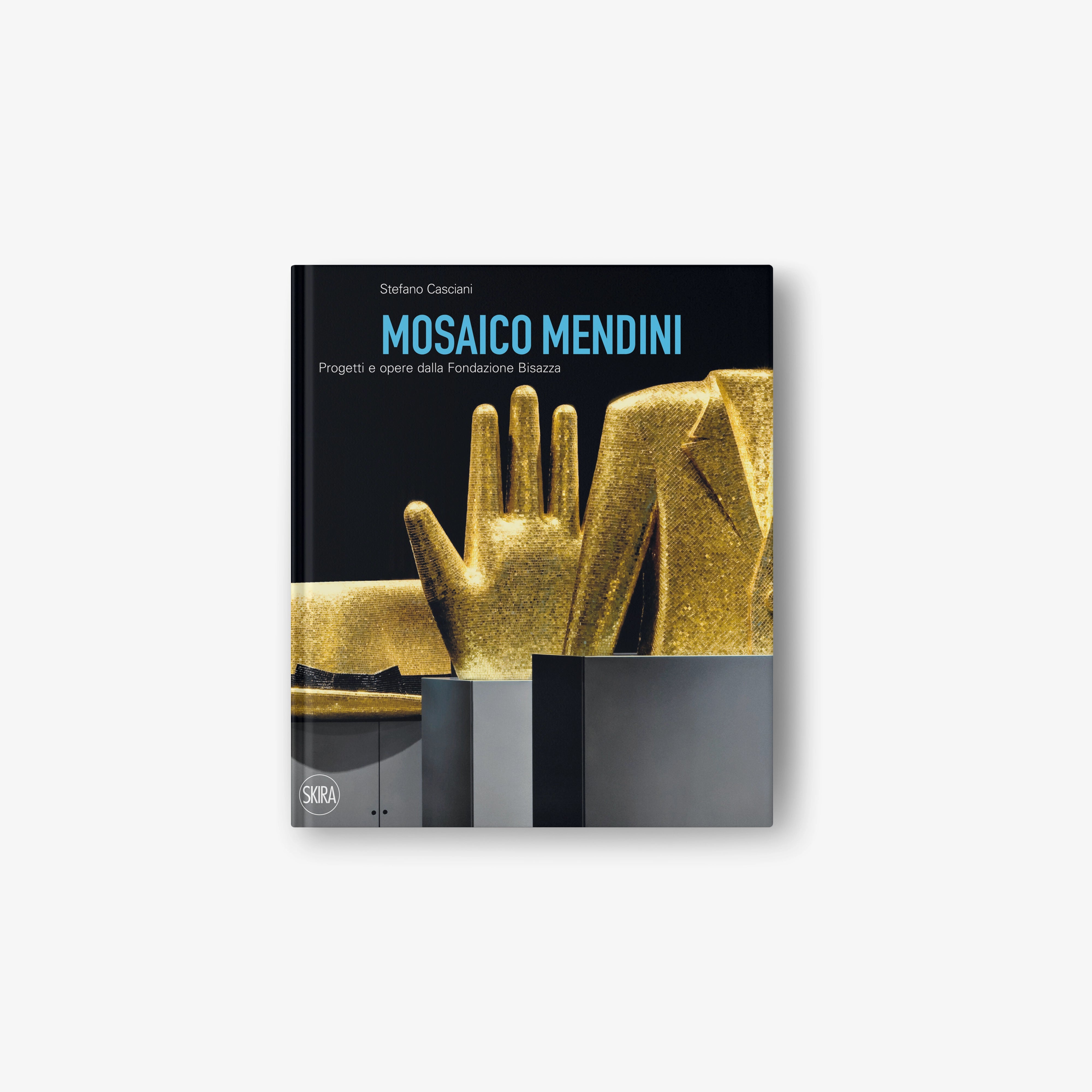 Hardcover book with black cover and gold mosaic-style hand artwork